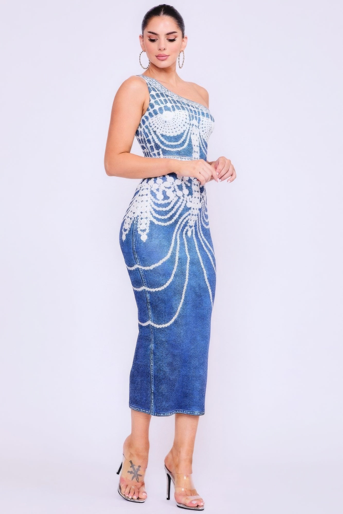 One Shoulder Denim Print Dress product image