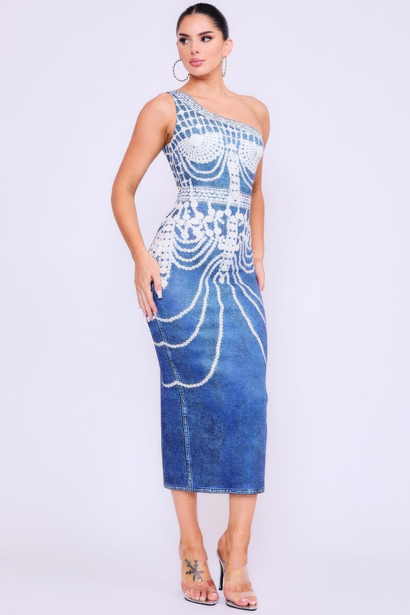 One Shoulder Denim Print Dress product image