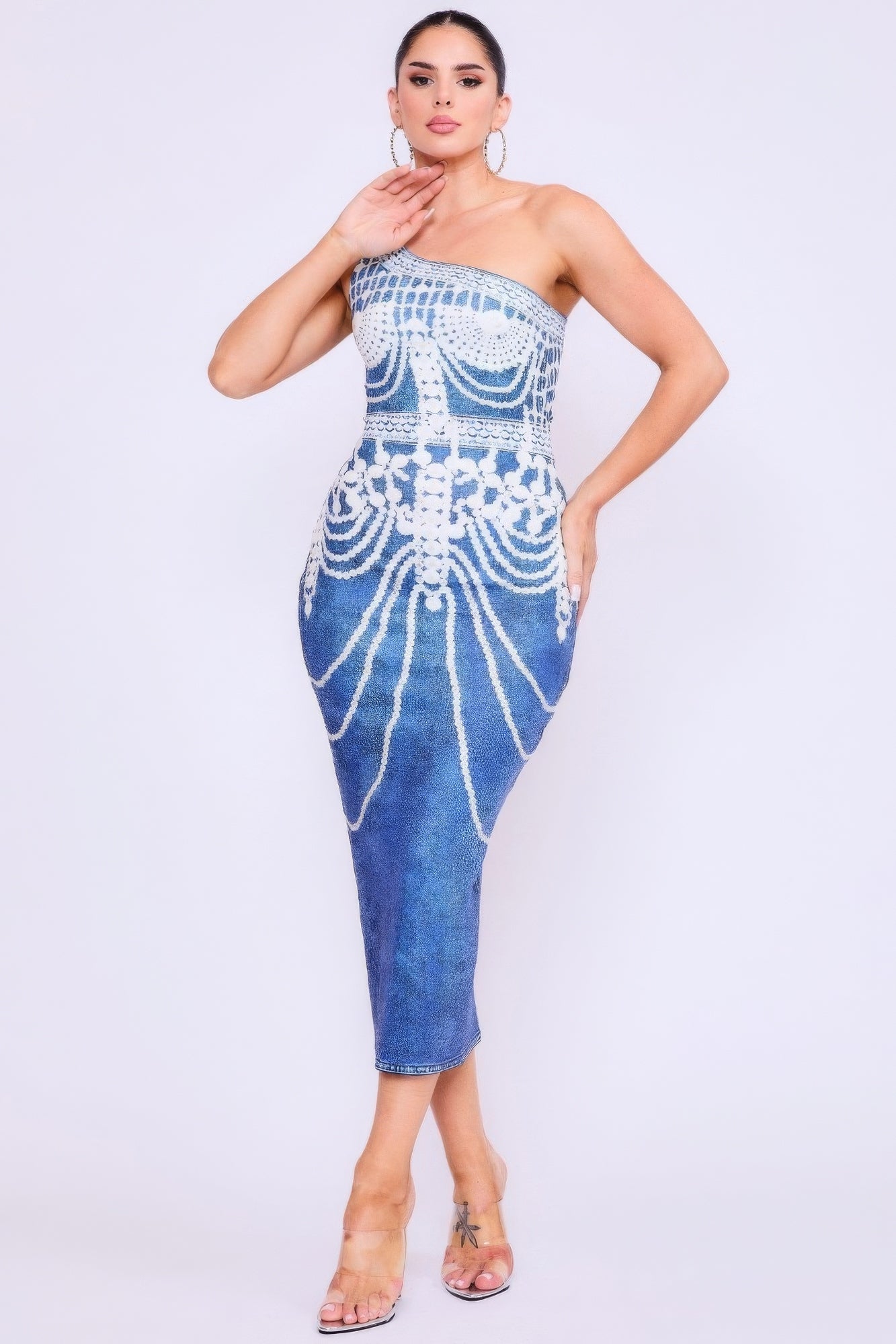 One Shoulder Denim Print Dress product image