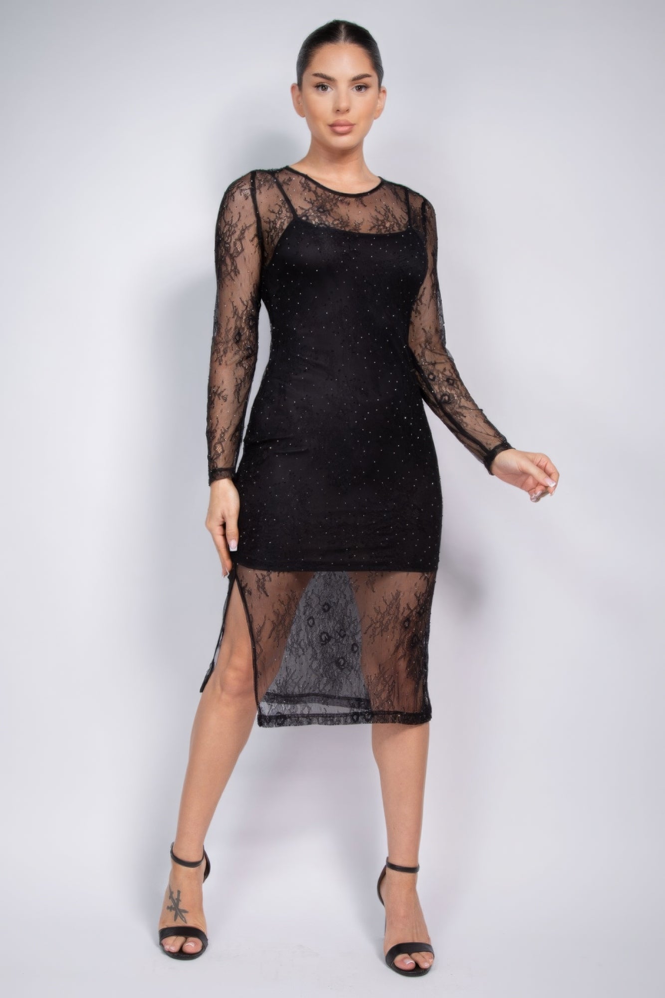 Lace Rhinestone-studded Slit Midi Dress product image
