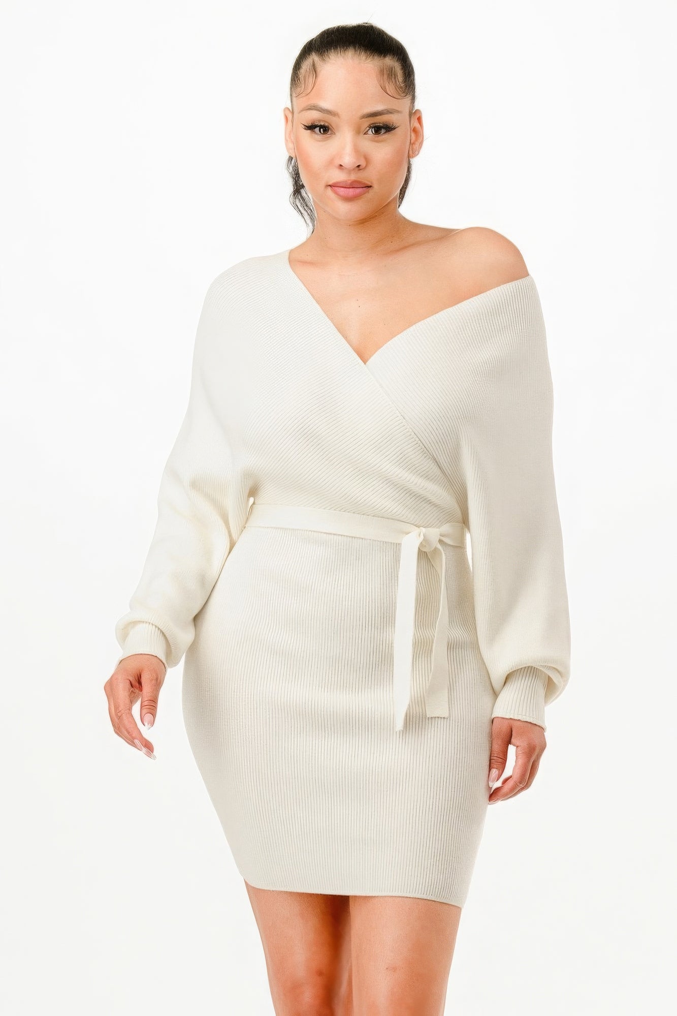 Off Shoulder Wrap Belted Ribbed Sweather Dress product image