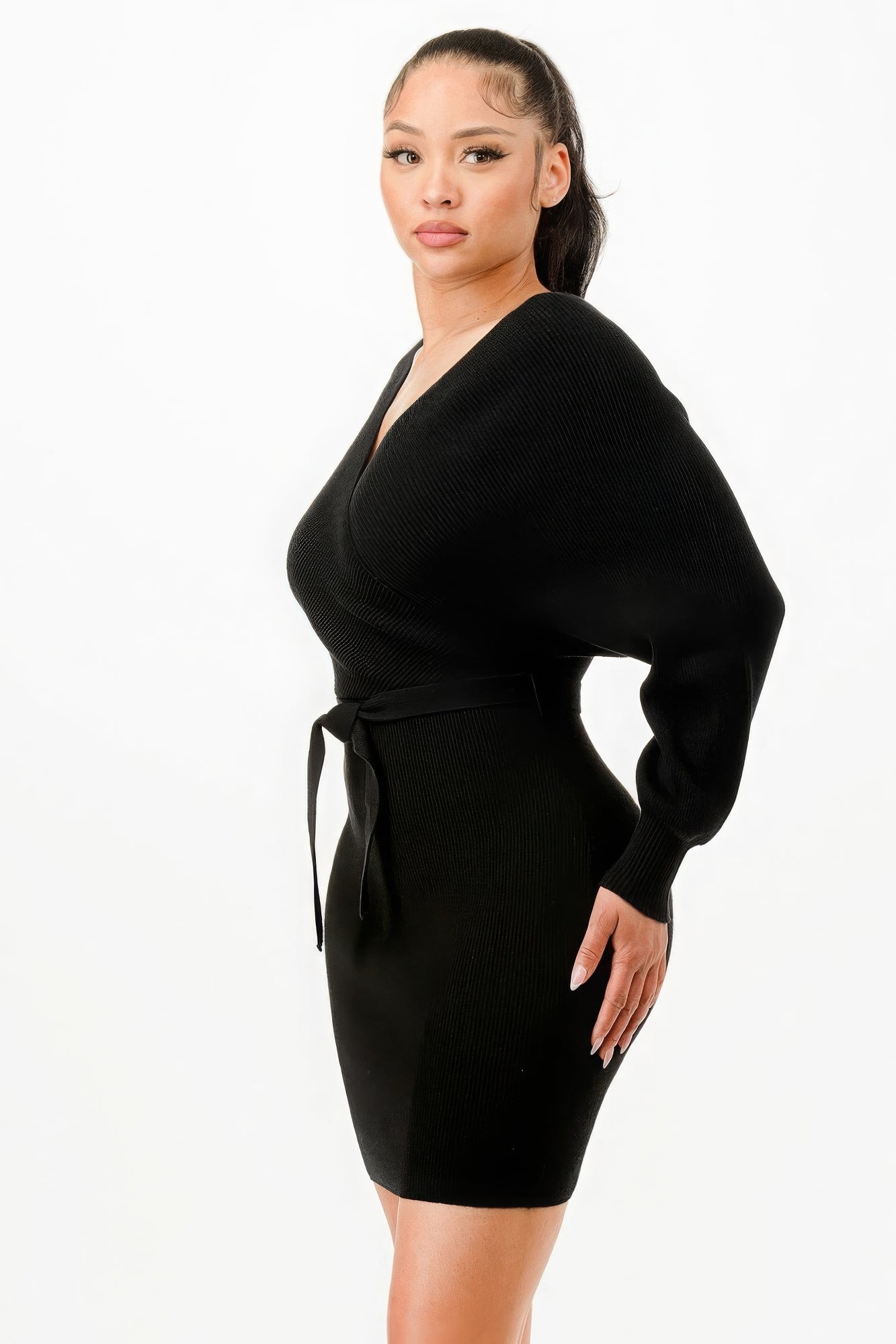 Off Shoulder Wrap Belted Ribbed Sweather Dress product image