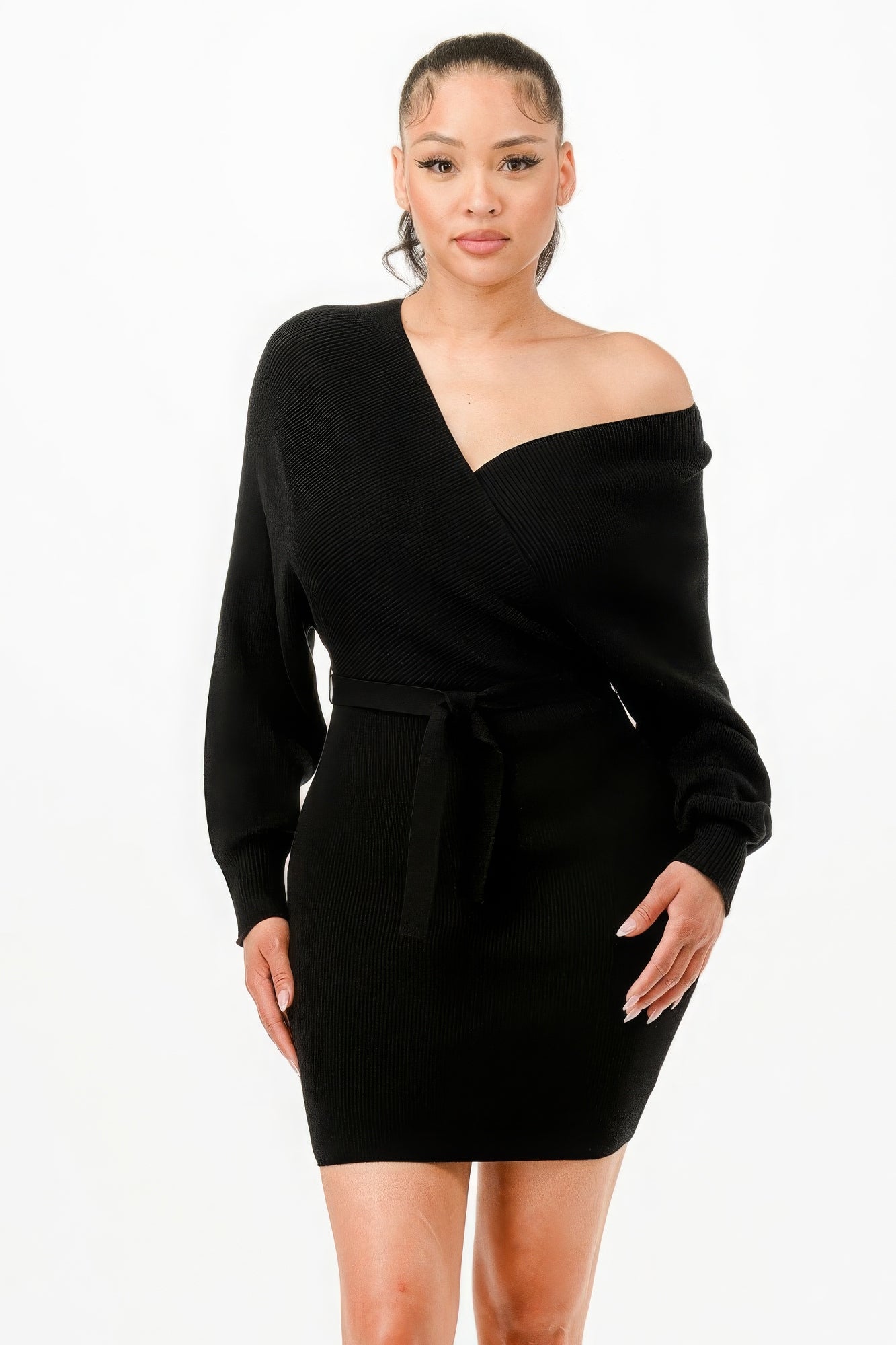 Off Shoulder Wrap Belted Ribbed Sweather Dress product image