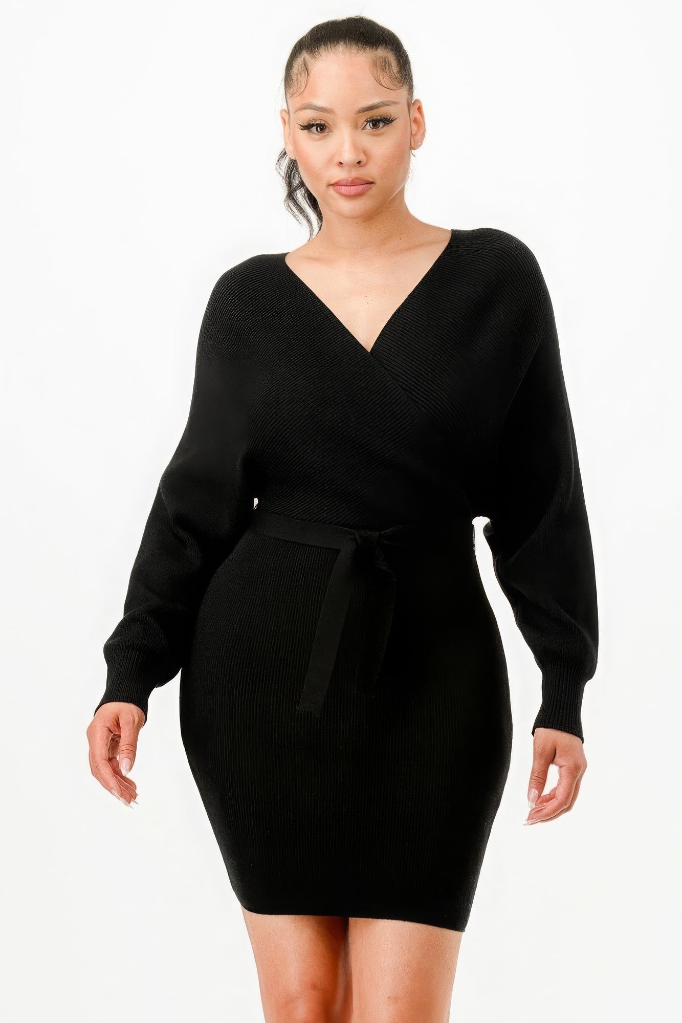 Off Shoulder Wrap Belted Ribbed Sweather Dress product image