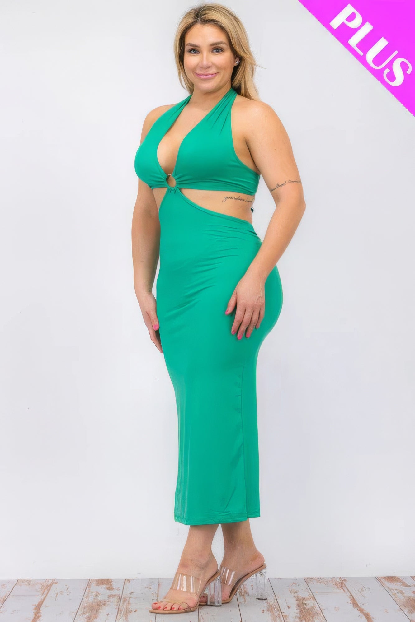 Plus Size Cut-out Halter Neck Double Back Tie Split Thigh Midi Dress product image