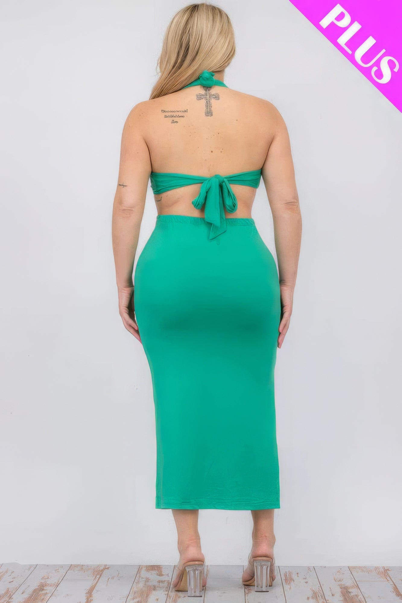 Plus Size Cut-out Halter Neck Double Back Tie Split Thigh Midi Dress product image