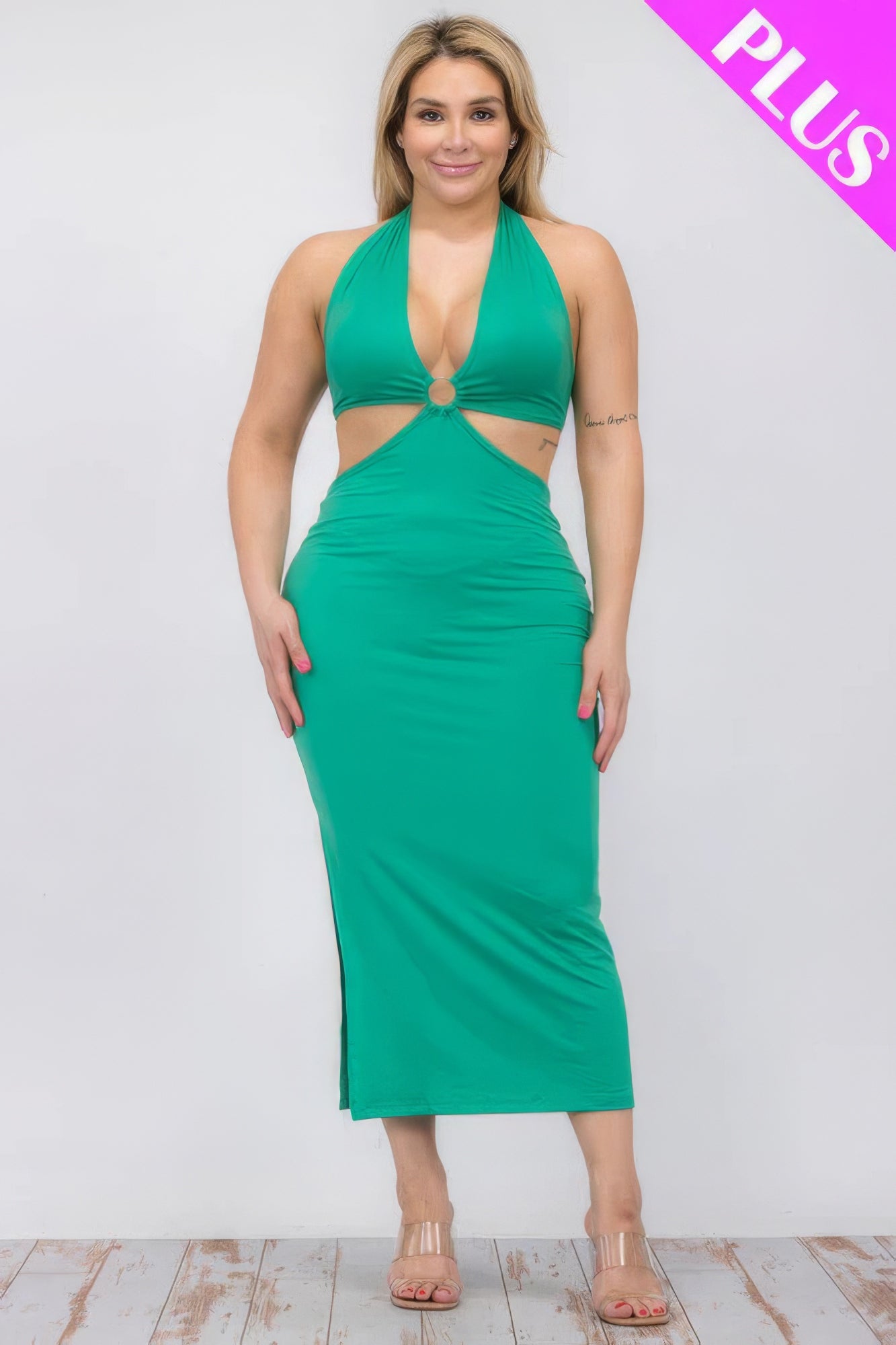 Plus Size Cut-out Halter Neck Double Back Tie Split Thigh Midi Dress product image