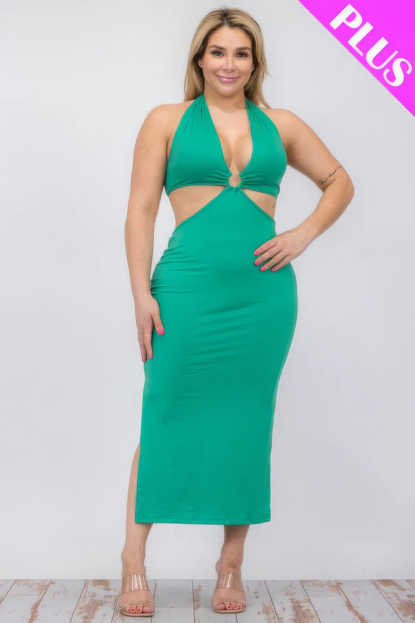 Plus Size Cut-out Halter Neck Double Back Tie Split Thigh Midi Dress product image