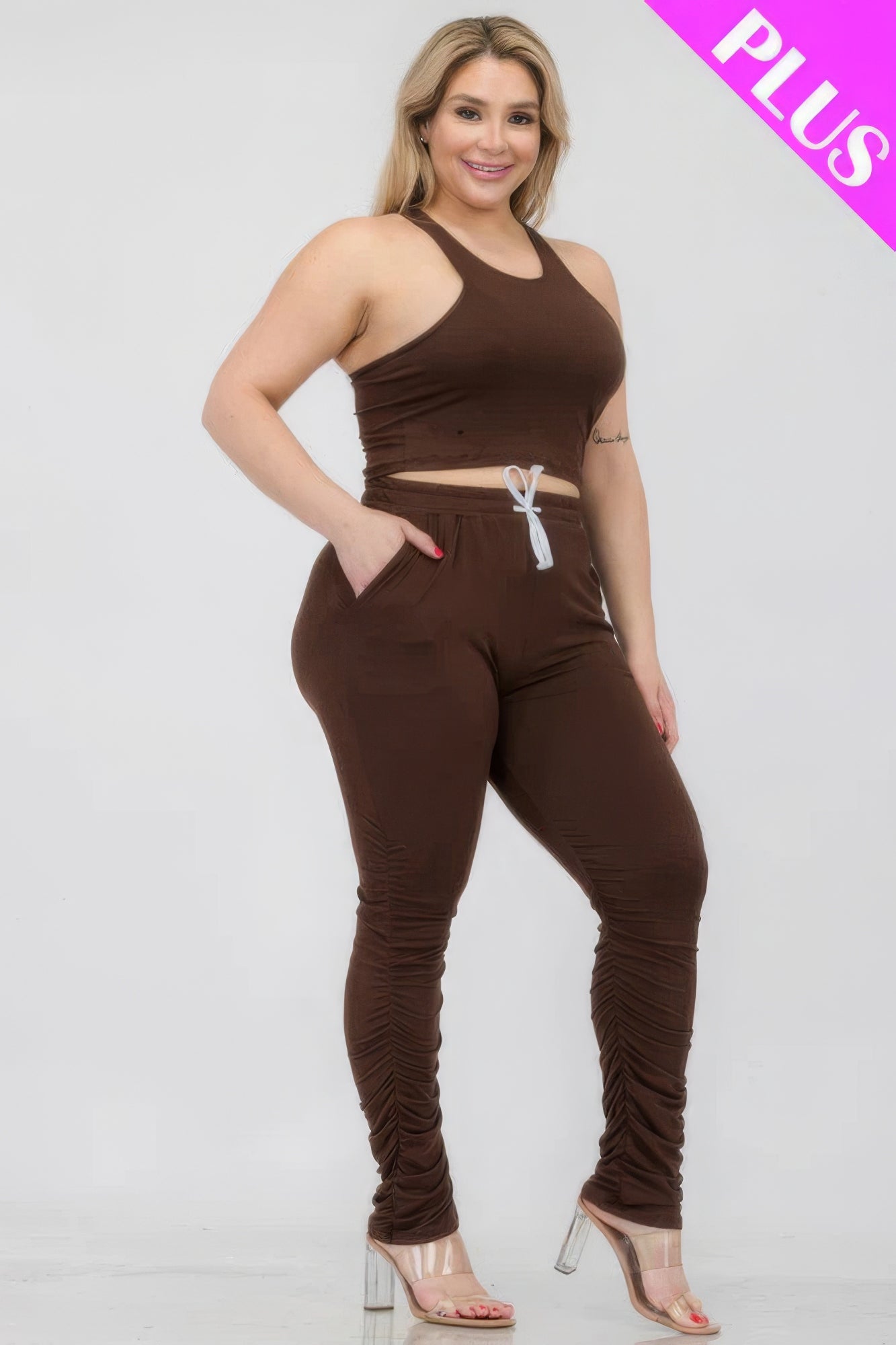 Plus Size Crop Tank Top & Ruched Pants Set product image