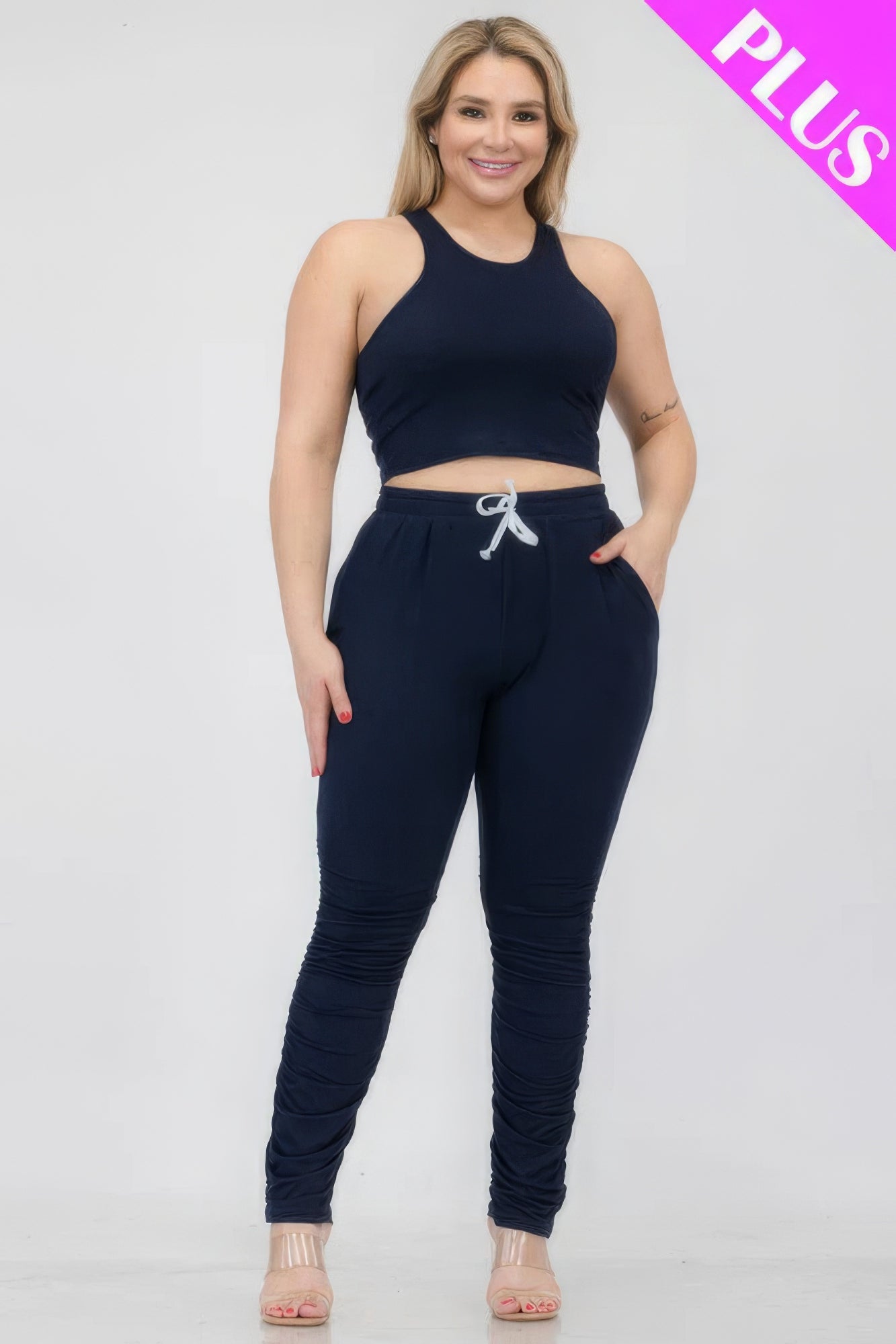 Plus Size Crop Tank Top & Ruched Pants Set product image