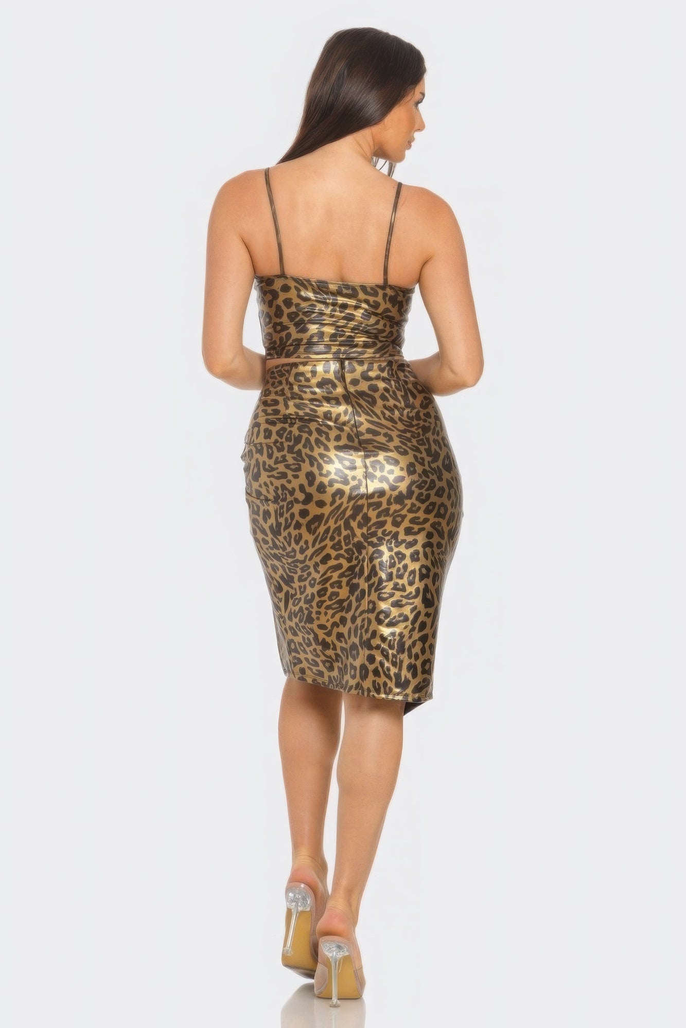 Pu Cheetah Print Top & Front Wrap Slit Skirt Set product image