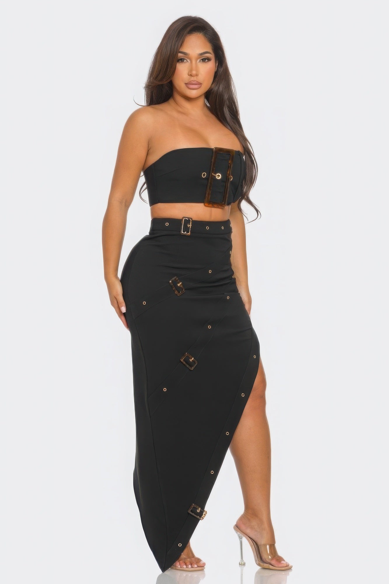 Front Eyelet Buckle Belt Top And Skirt Set product image