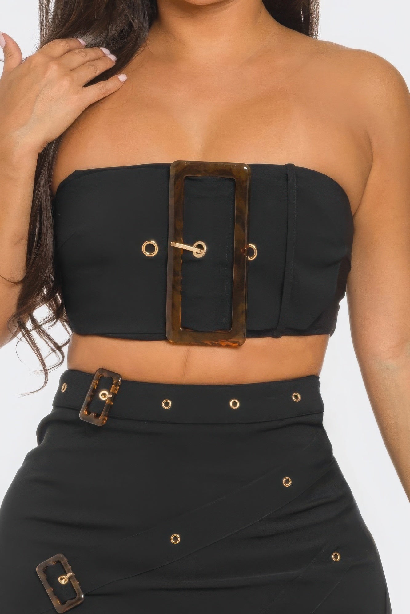 Front Eyelet Buckle Belt Top And Skirt Set product image