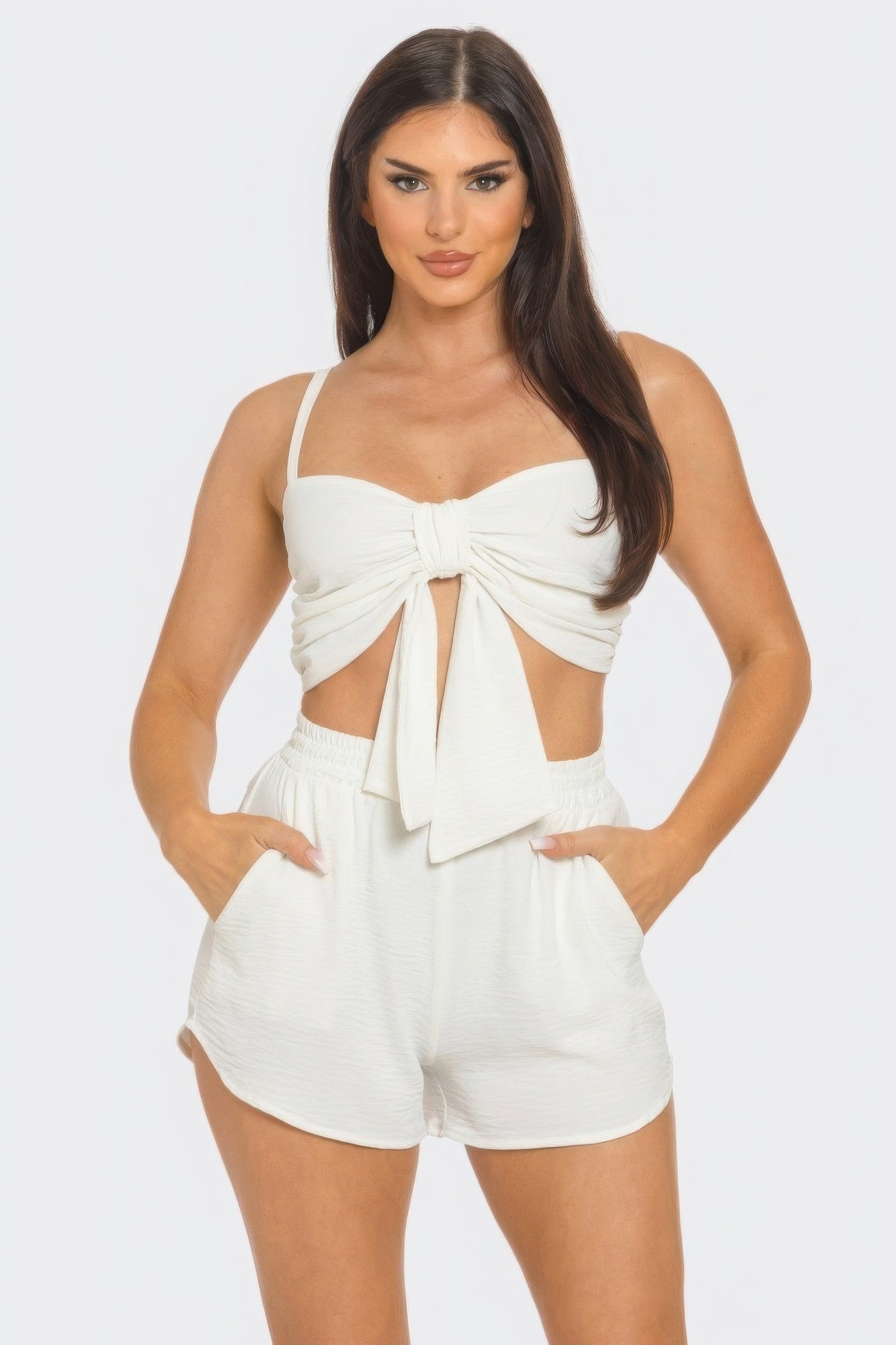 Front Oversized Bow Twisted Tie Top And Shorts Set product image