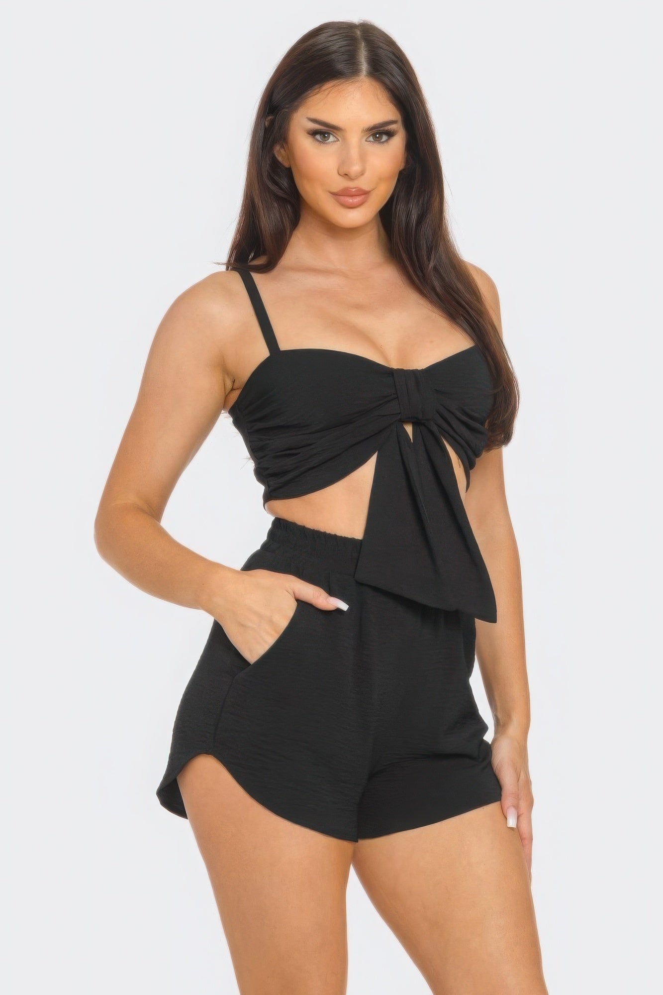 Front Oversized Bow Twisted Tie Top And Shorts Set product image