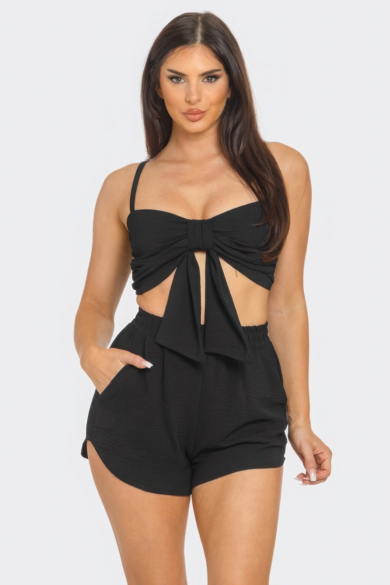 Front Oversized Bow Twisted Tie Top And Shorts Set product image