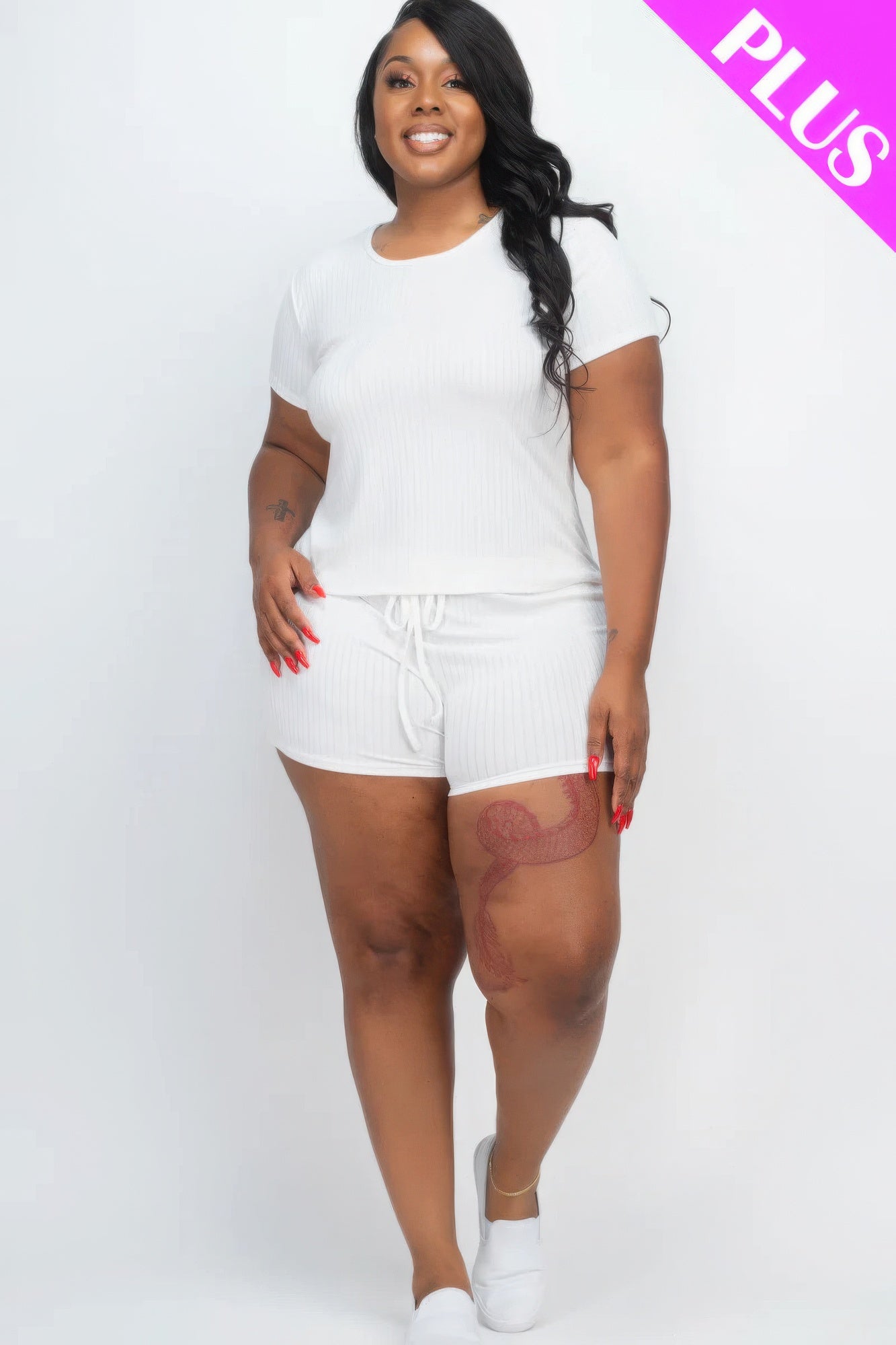 Plus Size Ribbed Short Sleeve Top&shorts Set product image