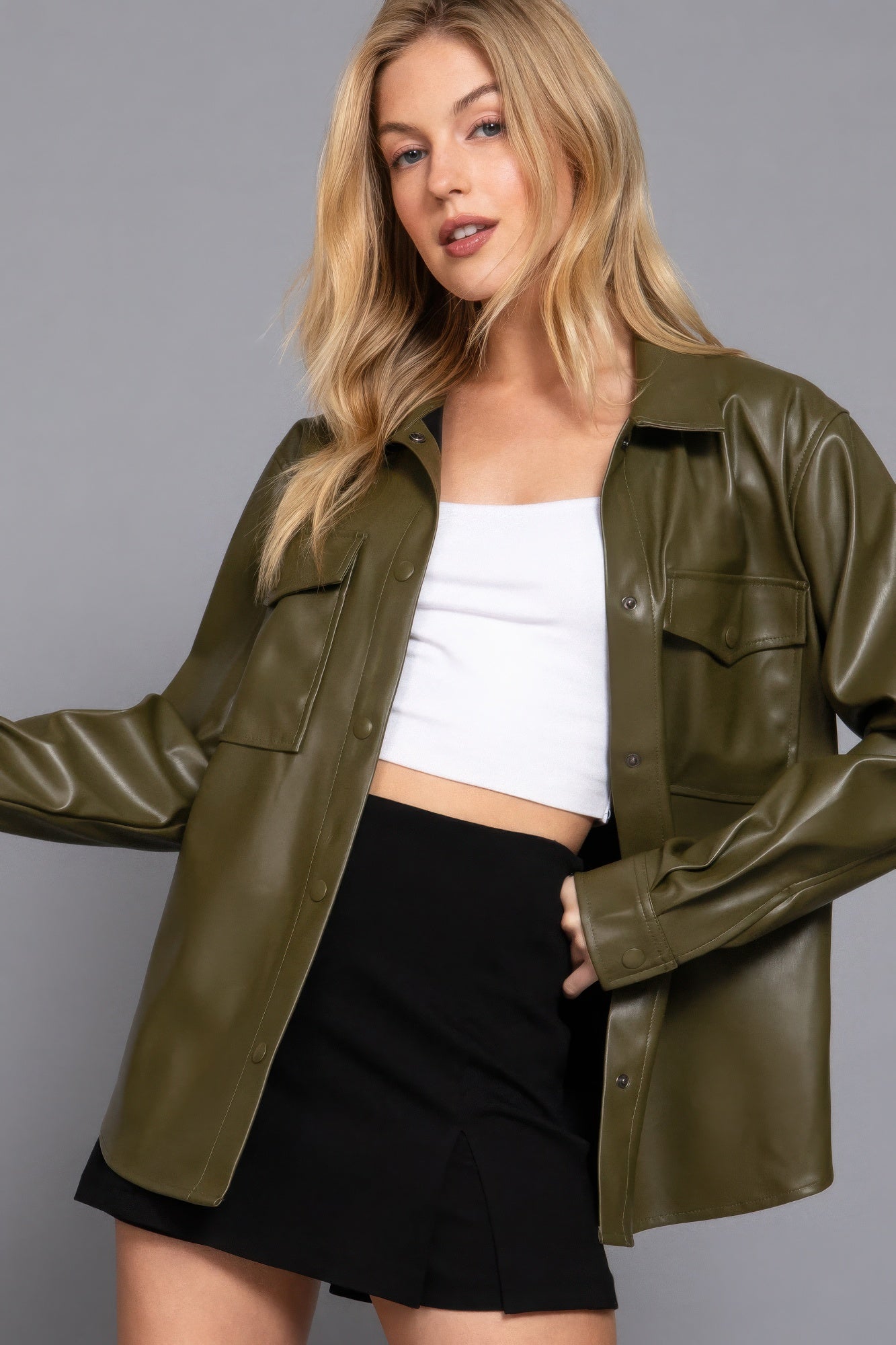 Long Slv Faux Leather Shacket product image