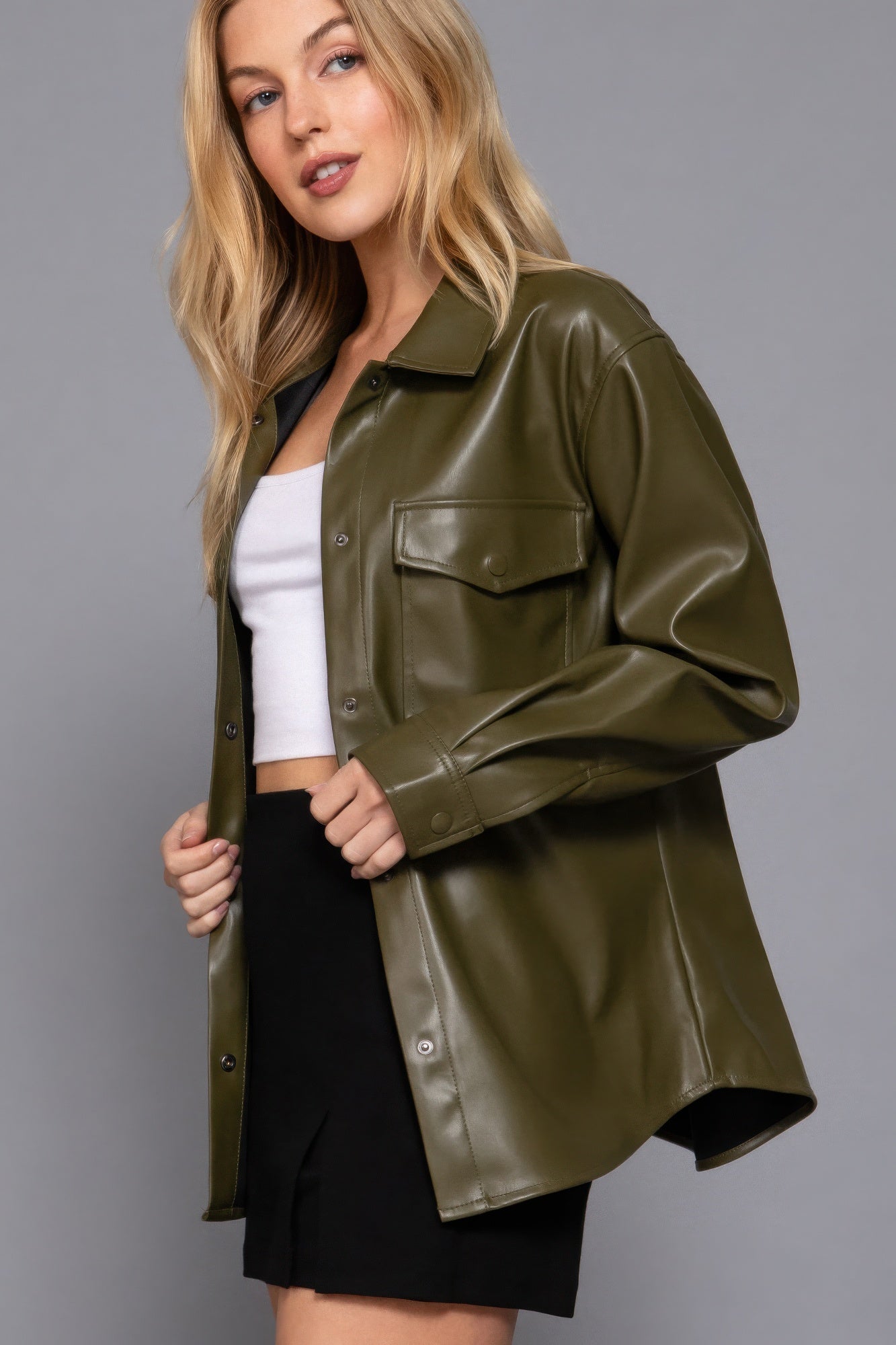 Long Slv Faux Leather Shacket product image