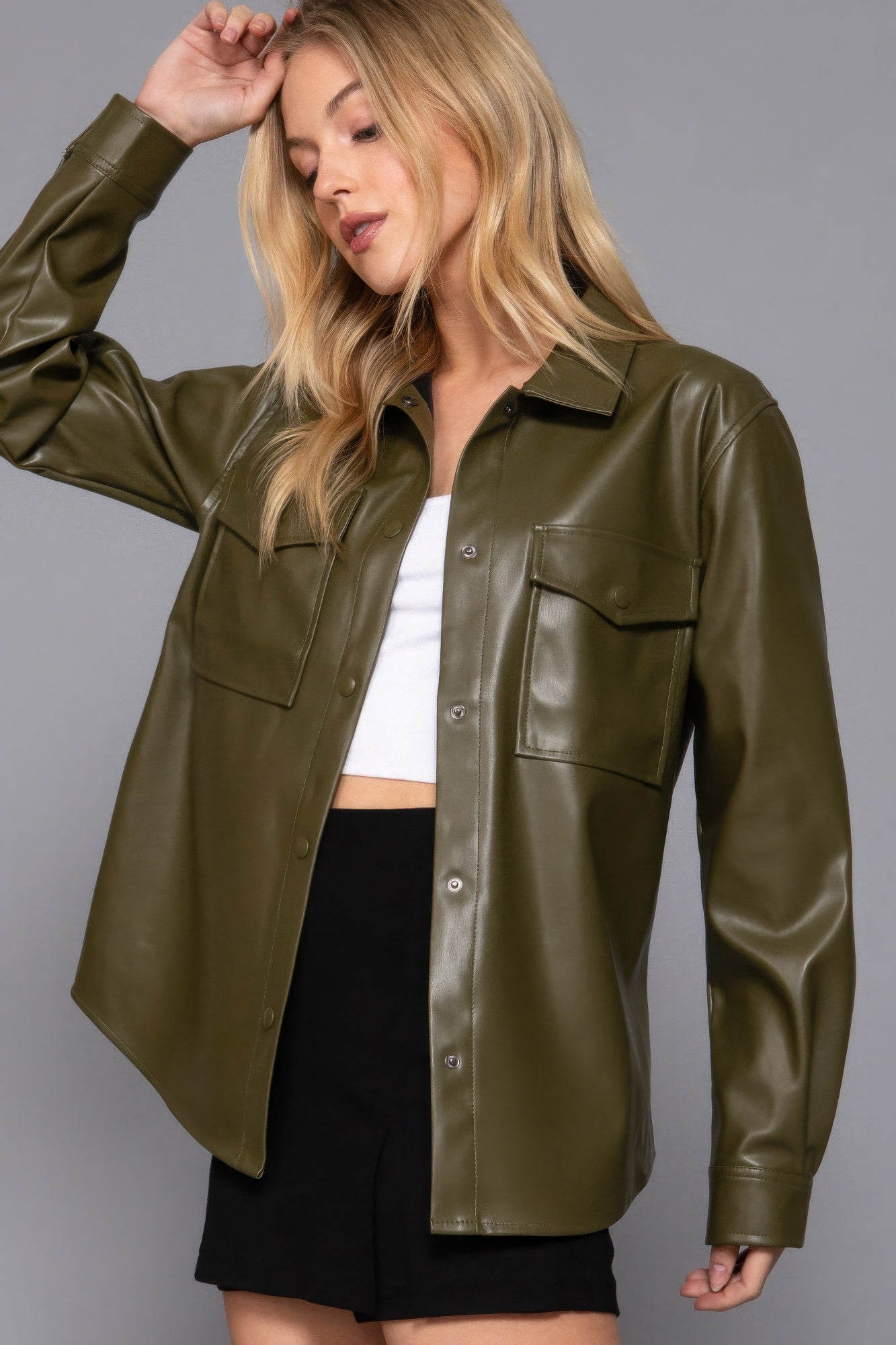 Long Slv Faux Leather Shacket product image