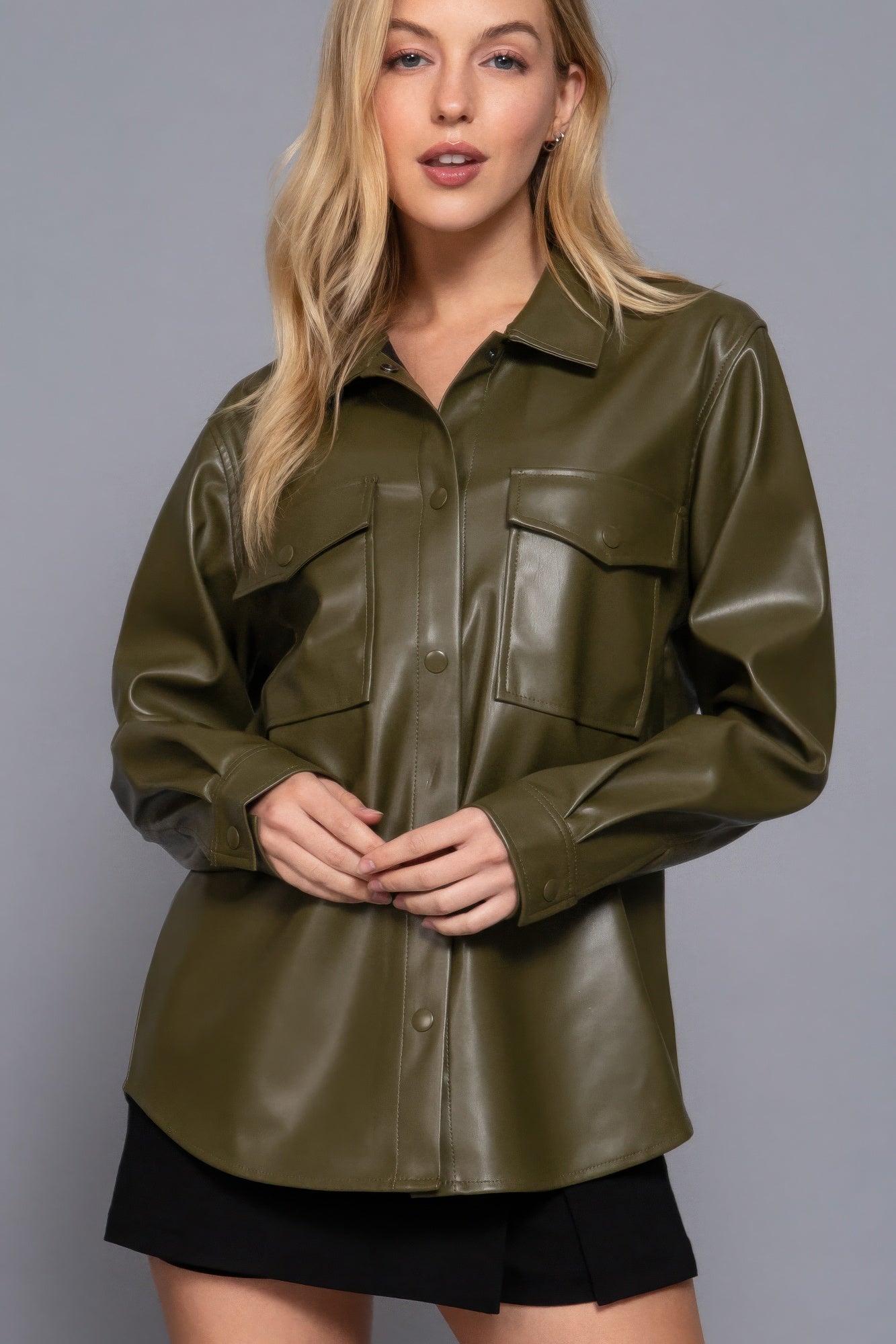 Long Slv Faux Leather Shacket product image
