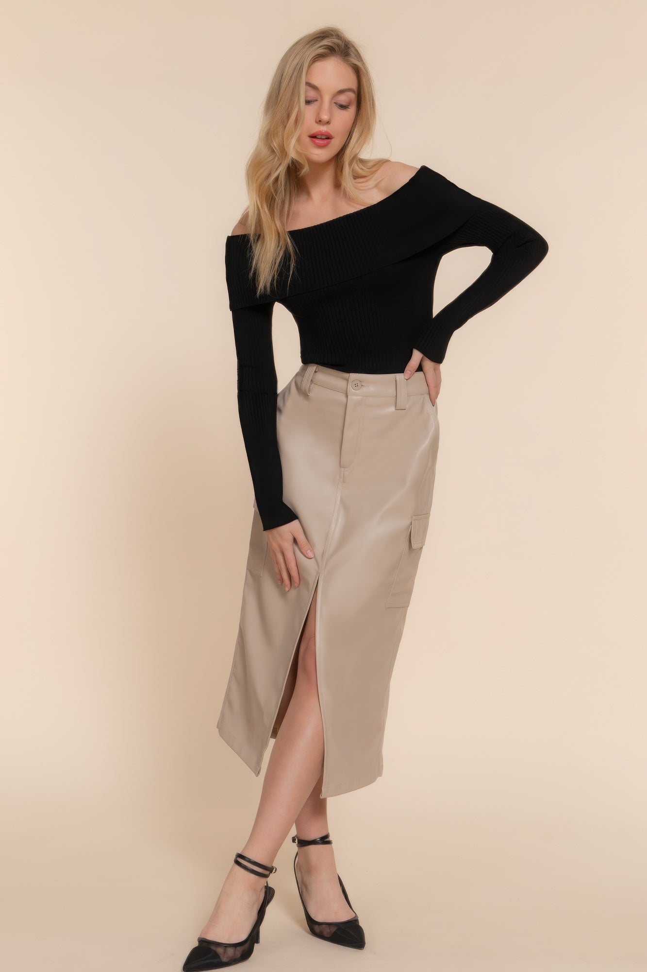 Faux Leather Midi Cargo Skirt product image