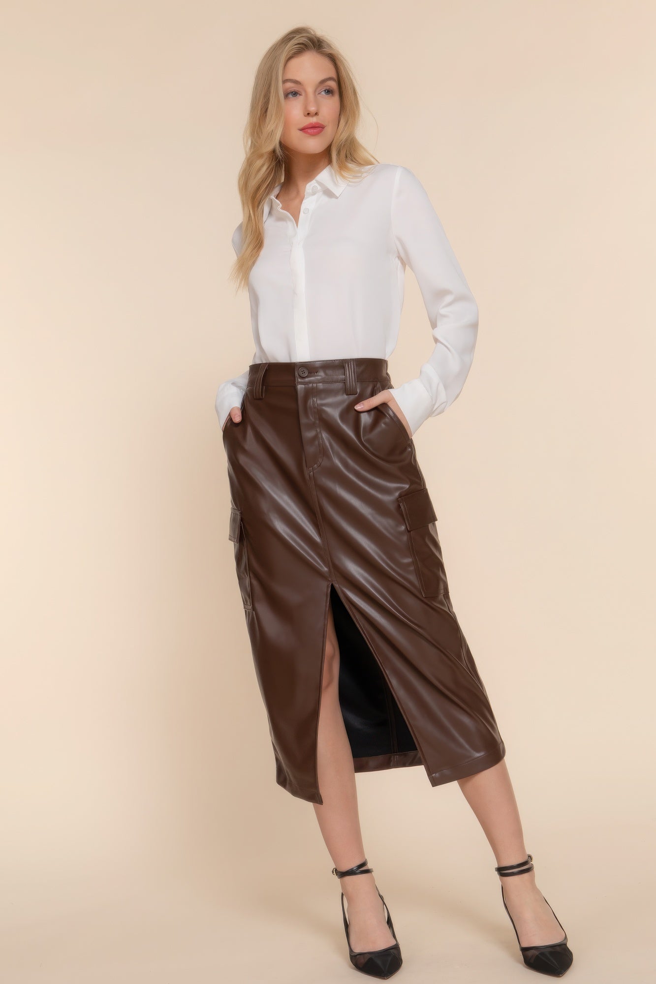 Faux Leather Midi Cargo Skirt product image