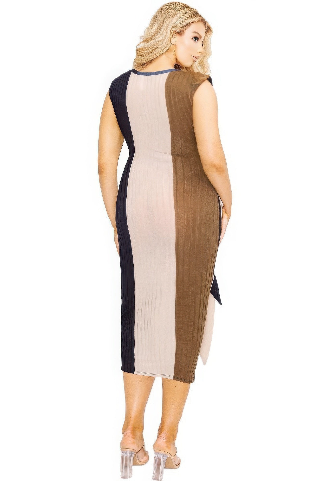 Plus knitted sleeveless colorblock waist tie dress product image