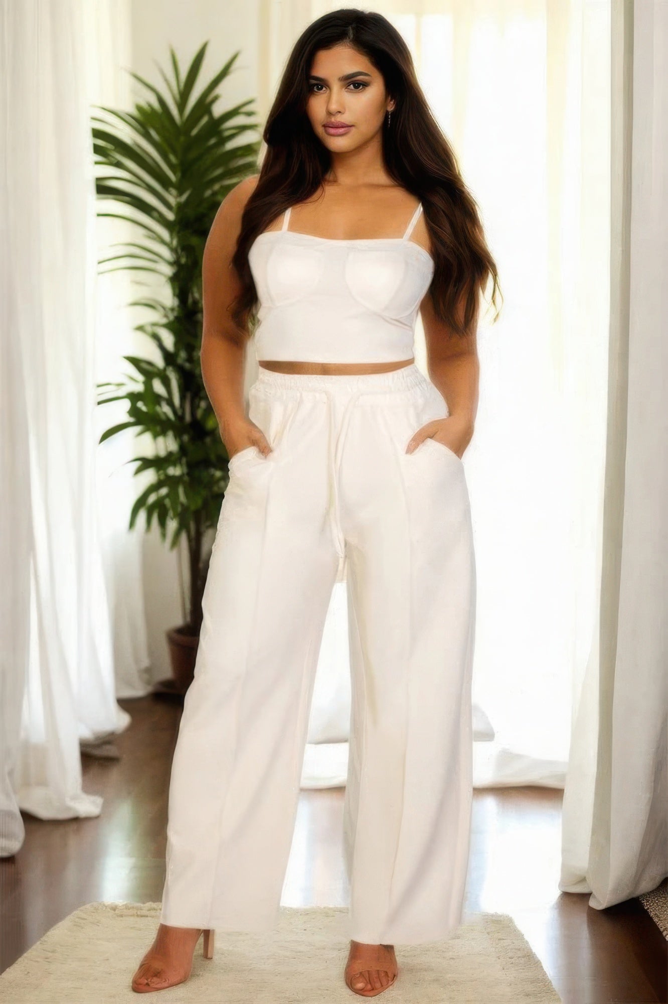 Plus Bustier Crop Cami Top & Slant Pocket Straight Pants product image