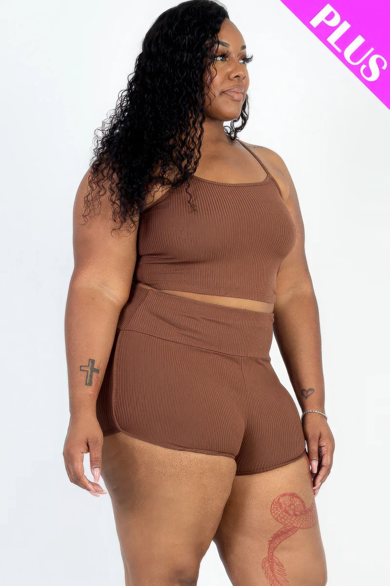 Plus Size Ribbed Cami Crop Top & Ruched Shorts Set product image