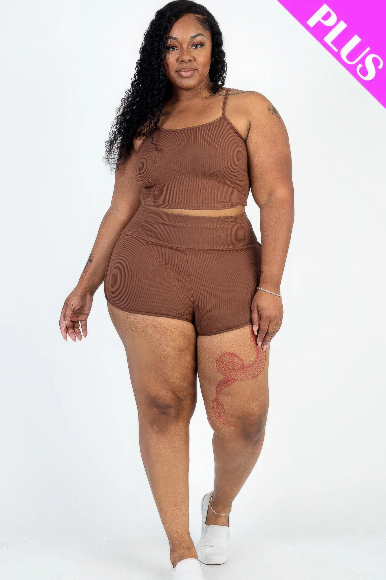 Plus Size Ribbed Cami Crop Top & Ruched Shorts Set product image