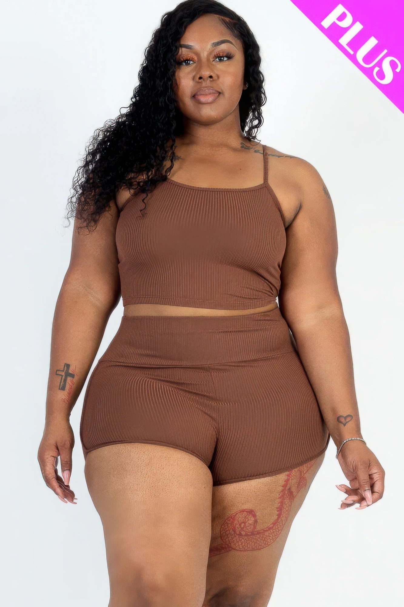 Plus Size Ribbed Cami Crop Top & Ruched Shorts Set product image