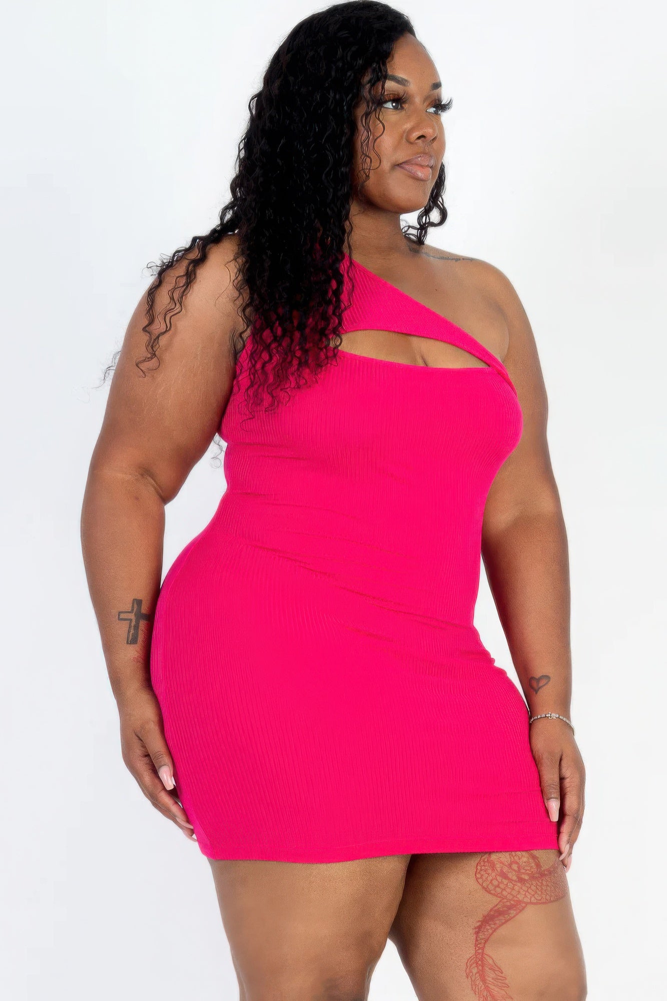 Plus Size Ribbed One Shoulder Cutout Front Casual Mini Bodycon Dress product image