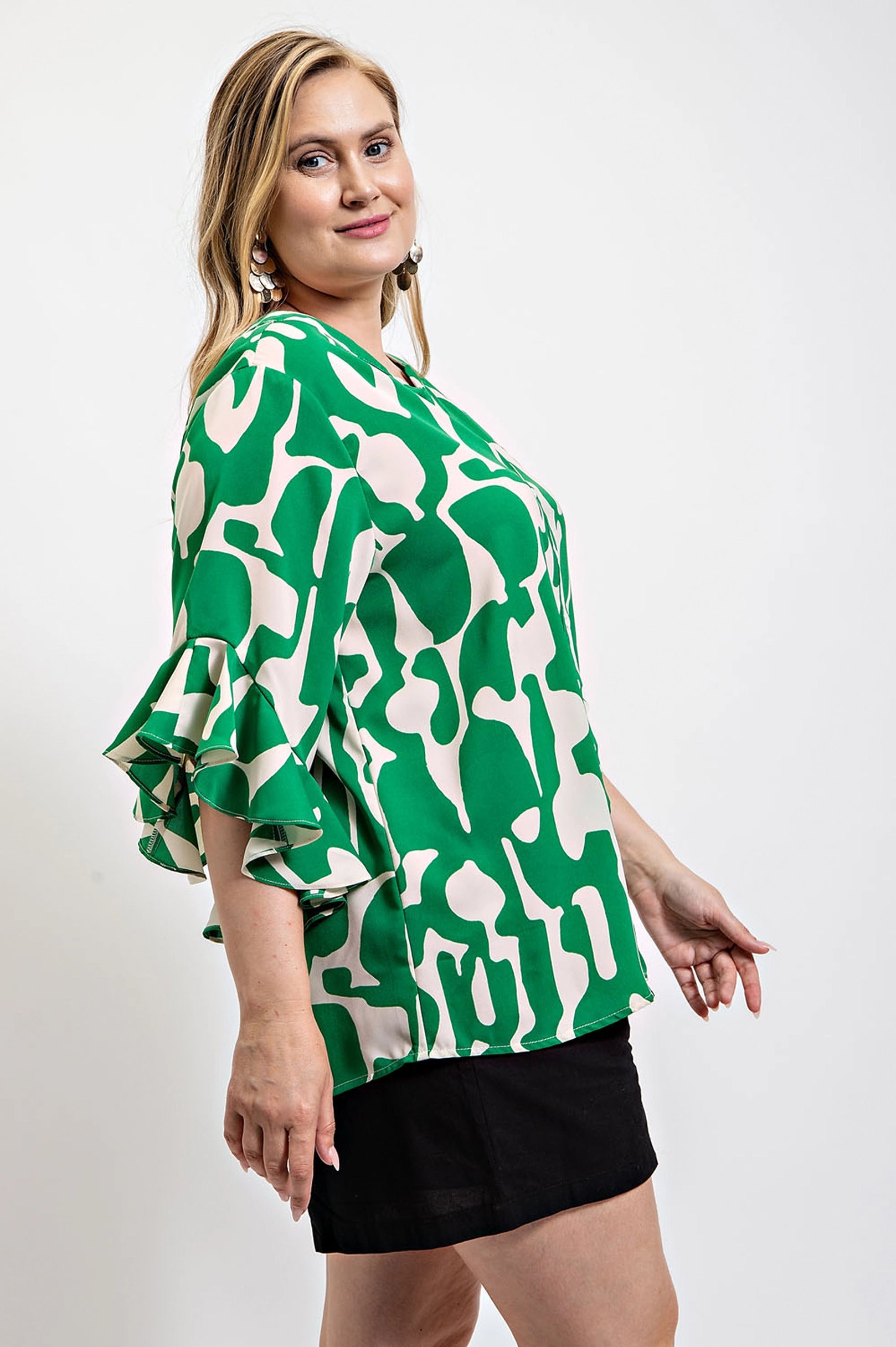 Geometric print ruffled bell sleeve woven top product image