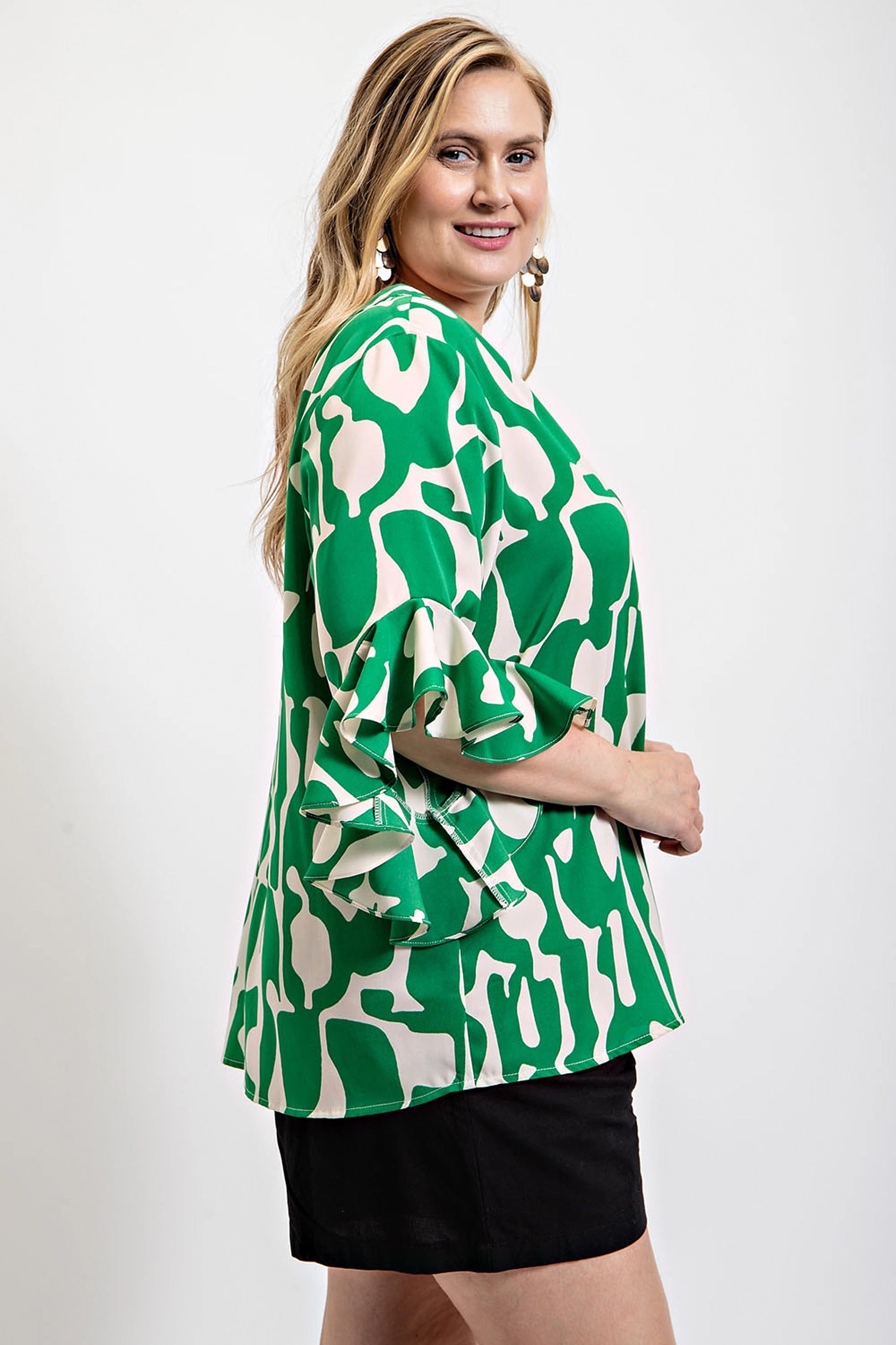 Geometric print ruffled bell sleeve woven top product image