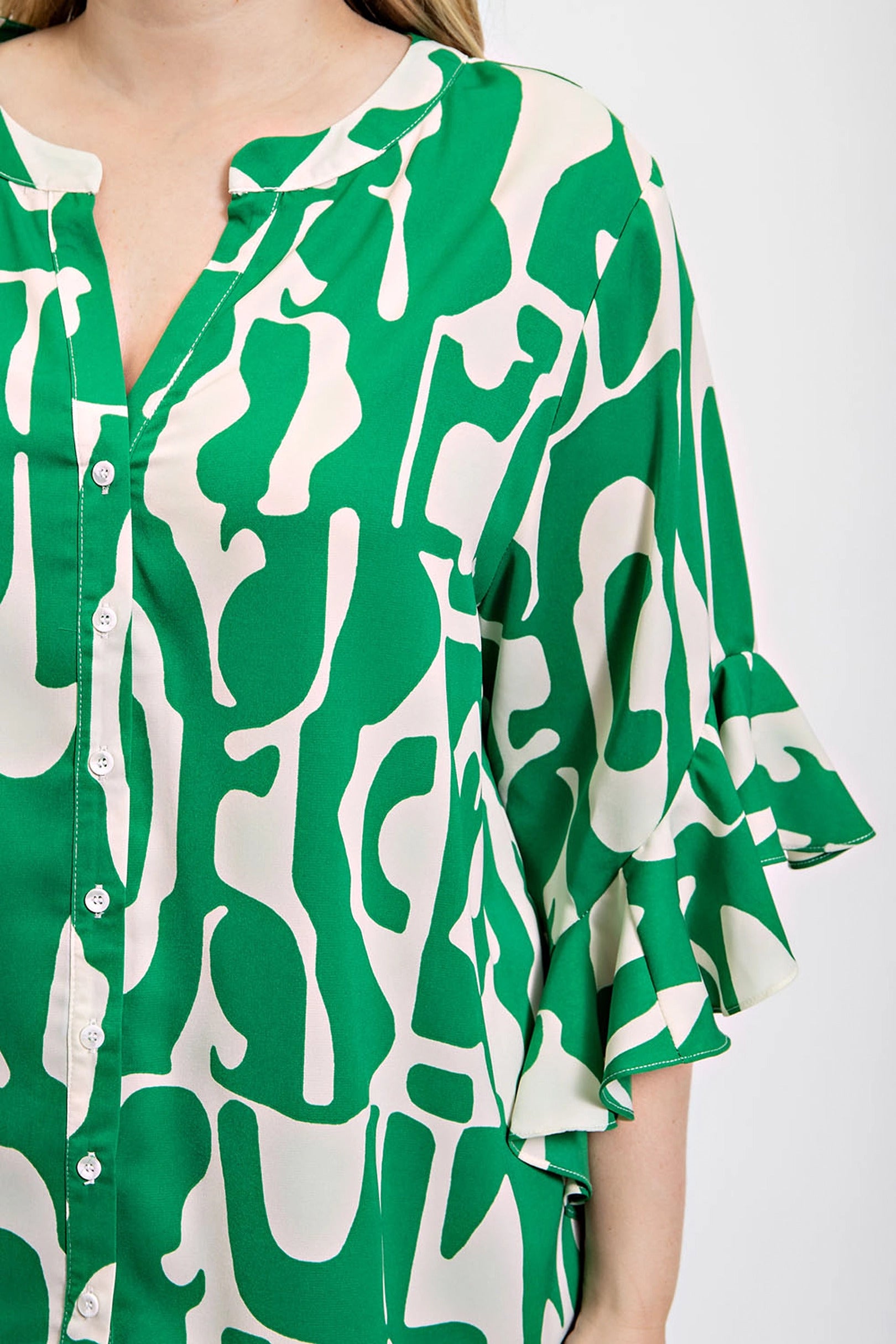 Geometric print ruffled bell sleeve woven top product image