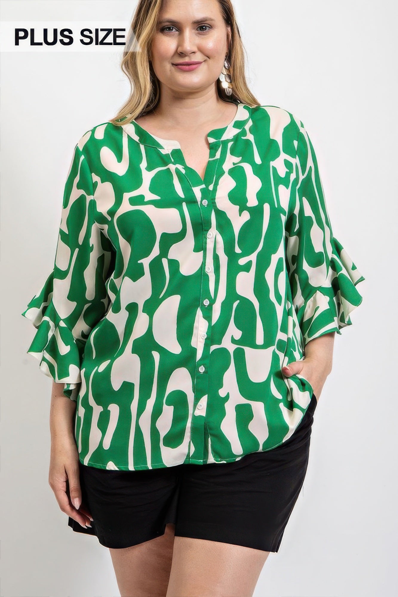 Geometric print ruffled bell sleeve woven top product image