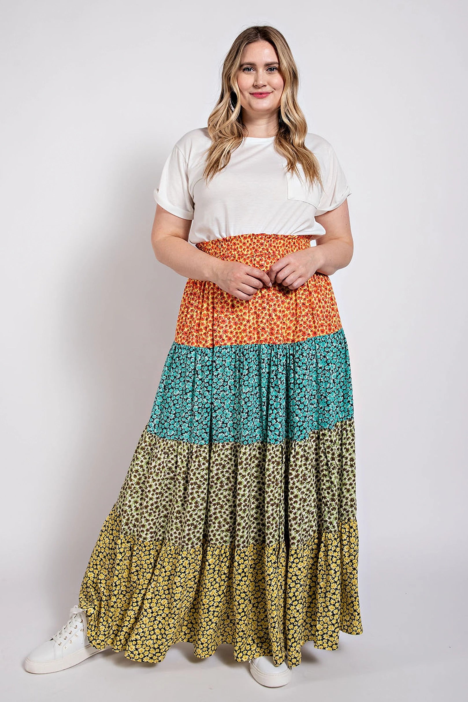 Ditsy floral color block skirt with front slit product image