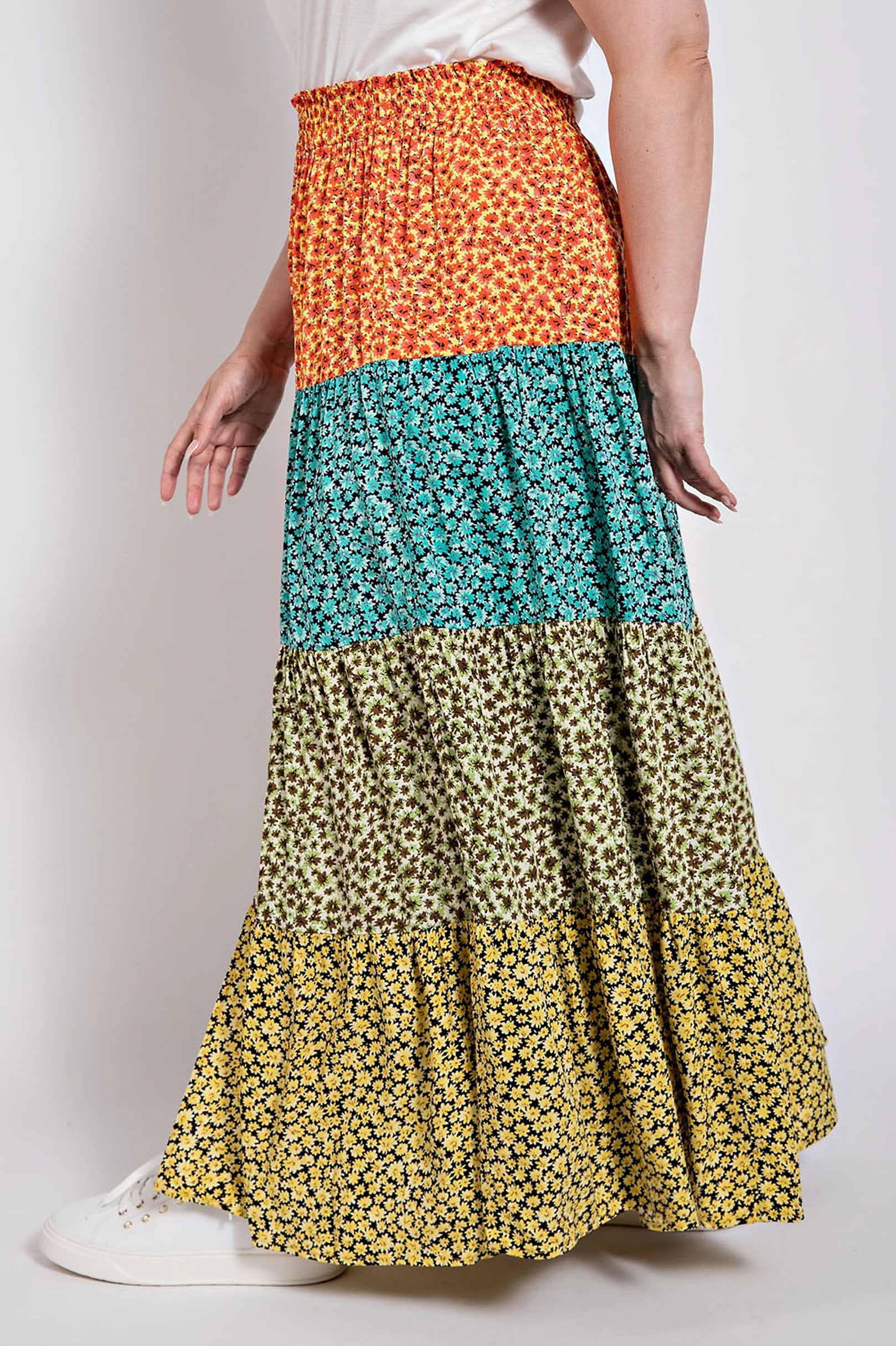 Ditsy floral color block skirt with front slit product image