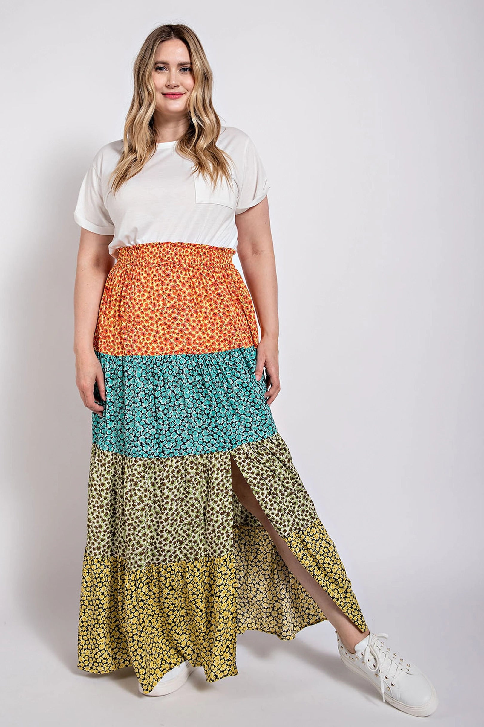 Ditsy floral color block skirt with front slit product image