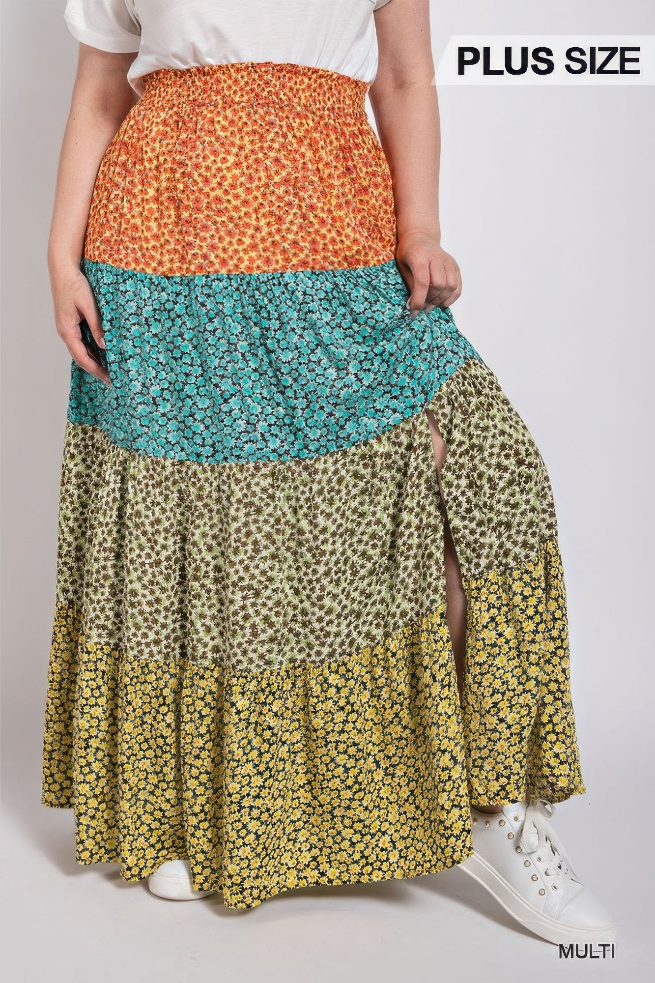Ditsy floral color block skirt with front slit product image