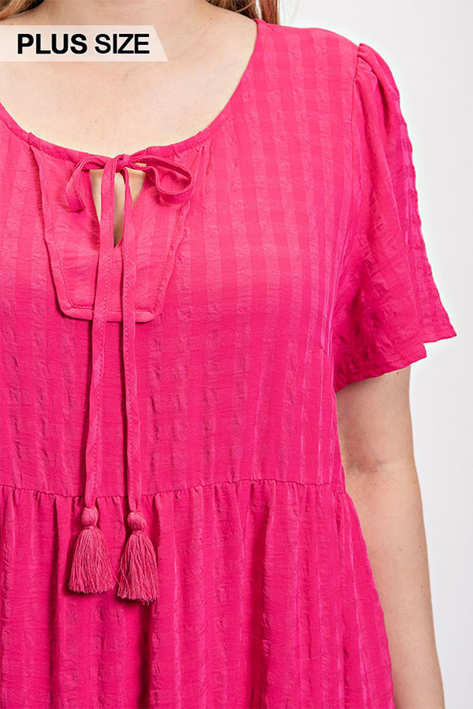 Textured woven tiered dress with tassel tie and pockets product image