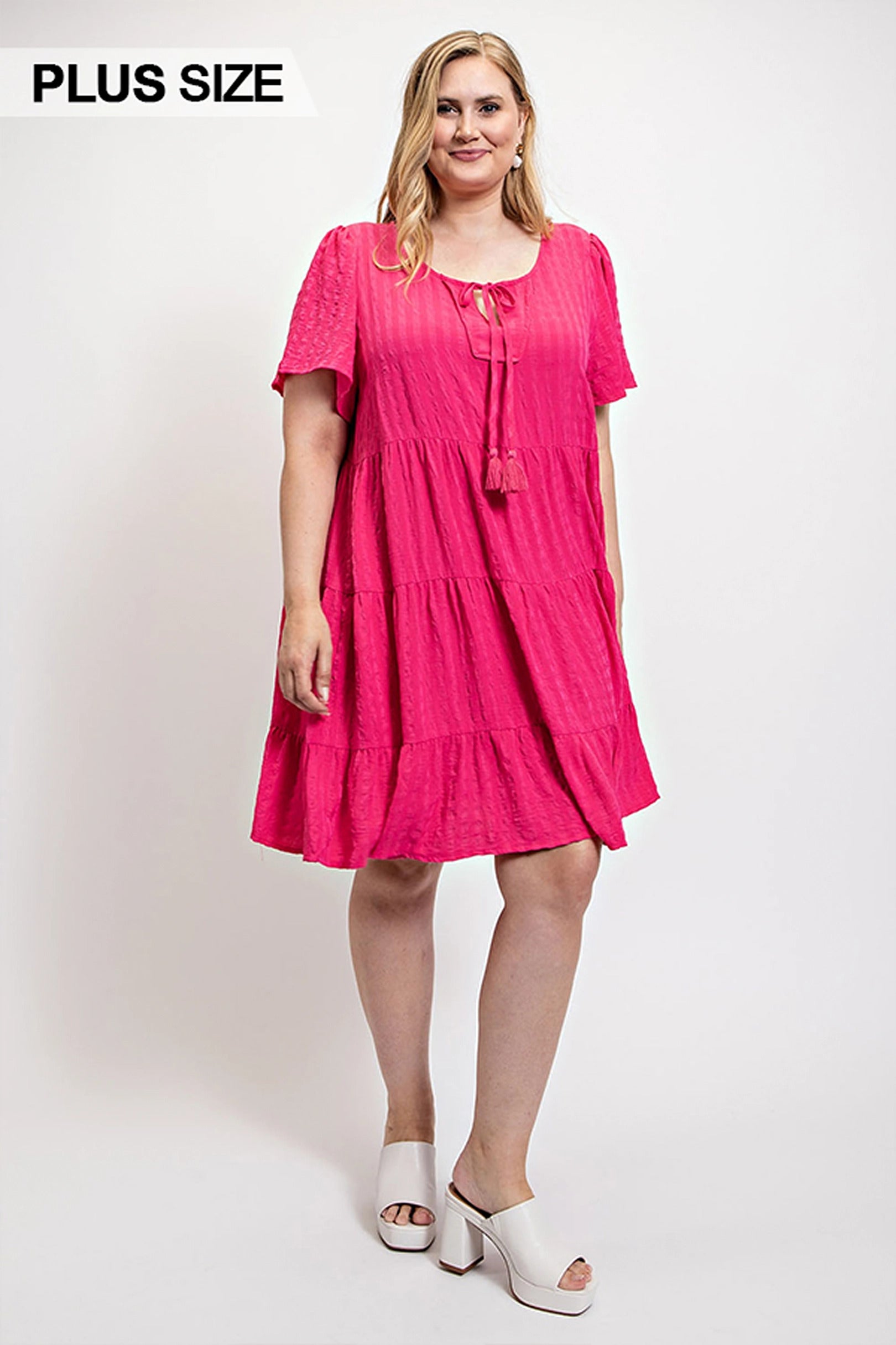 Textured woven tiered dress with tassel tie and pockets product image