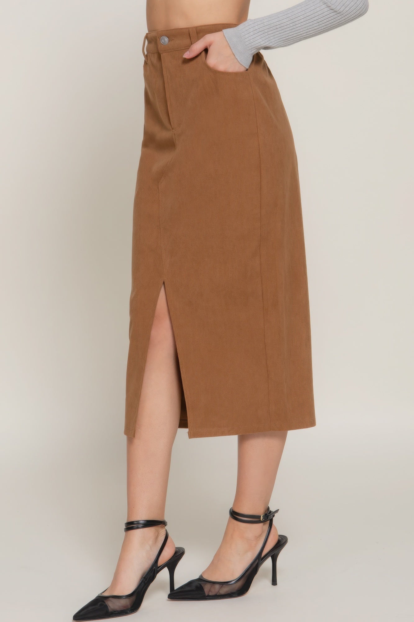Front Open Slit Corduroy Midi Skirt product image