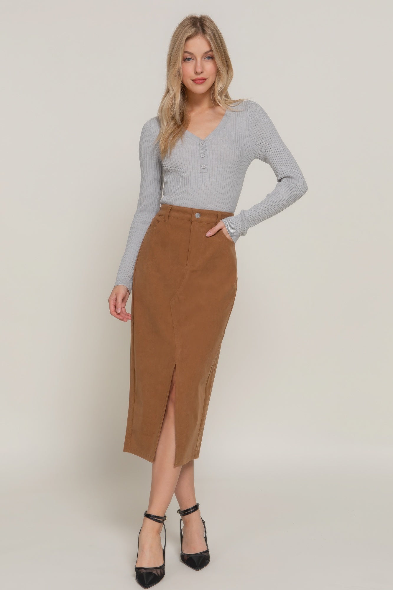Front Open Slit Corduroy Midi Skirt product image
