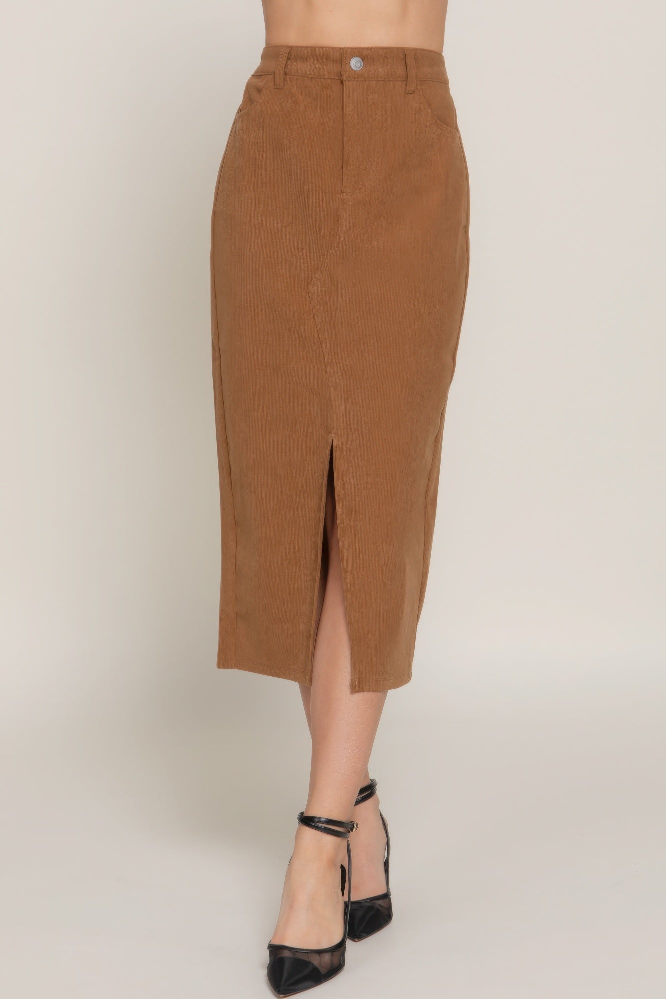 Front Open Slit Corduroy Midi Skirt product image