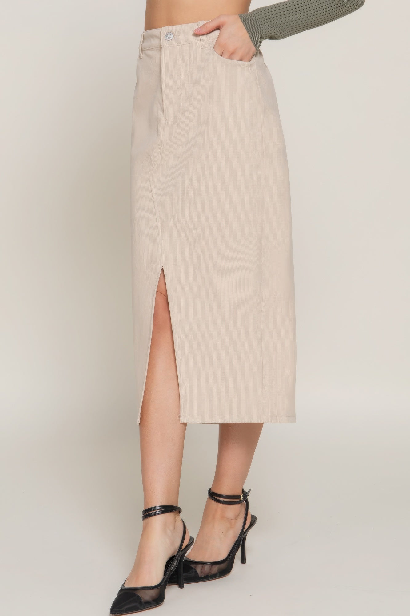 Front Open Slit Corduroy Midi Skirt product image