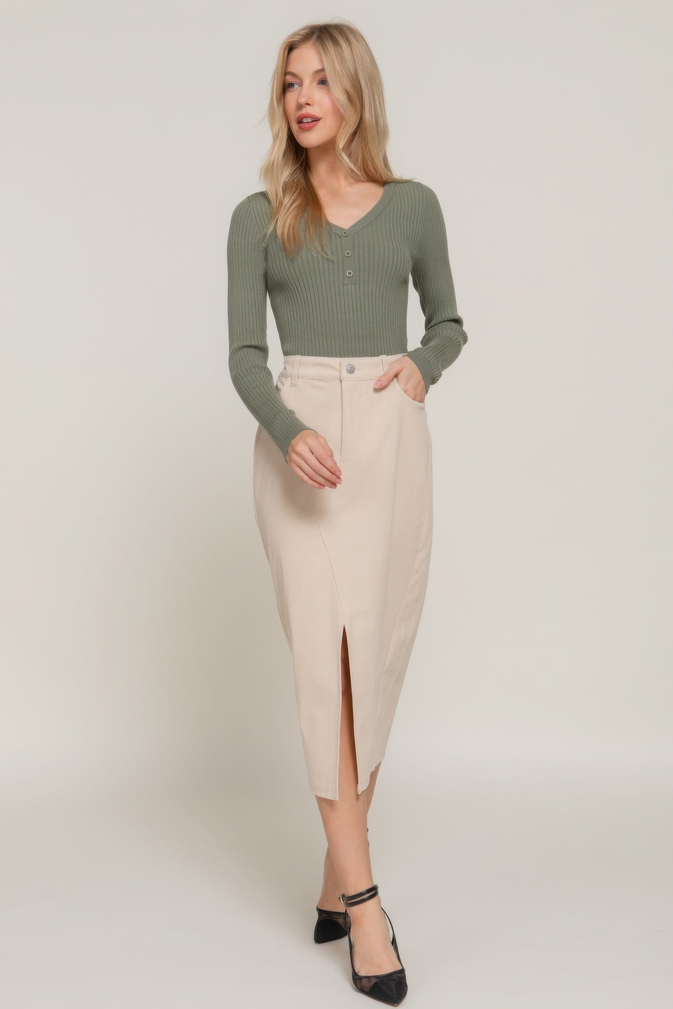 Front Open Slit Corduroy Midi Skirt product image