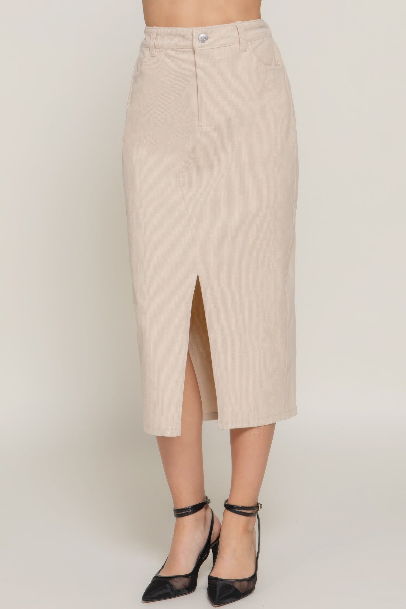 Front Open Slit Corduroy Midi Skirt product image