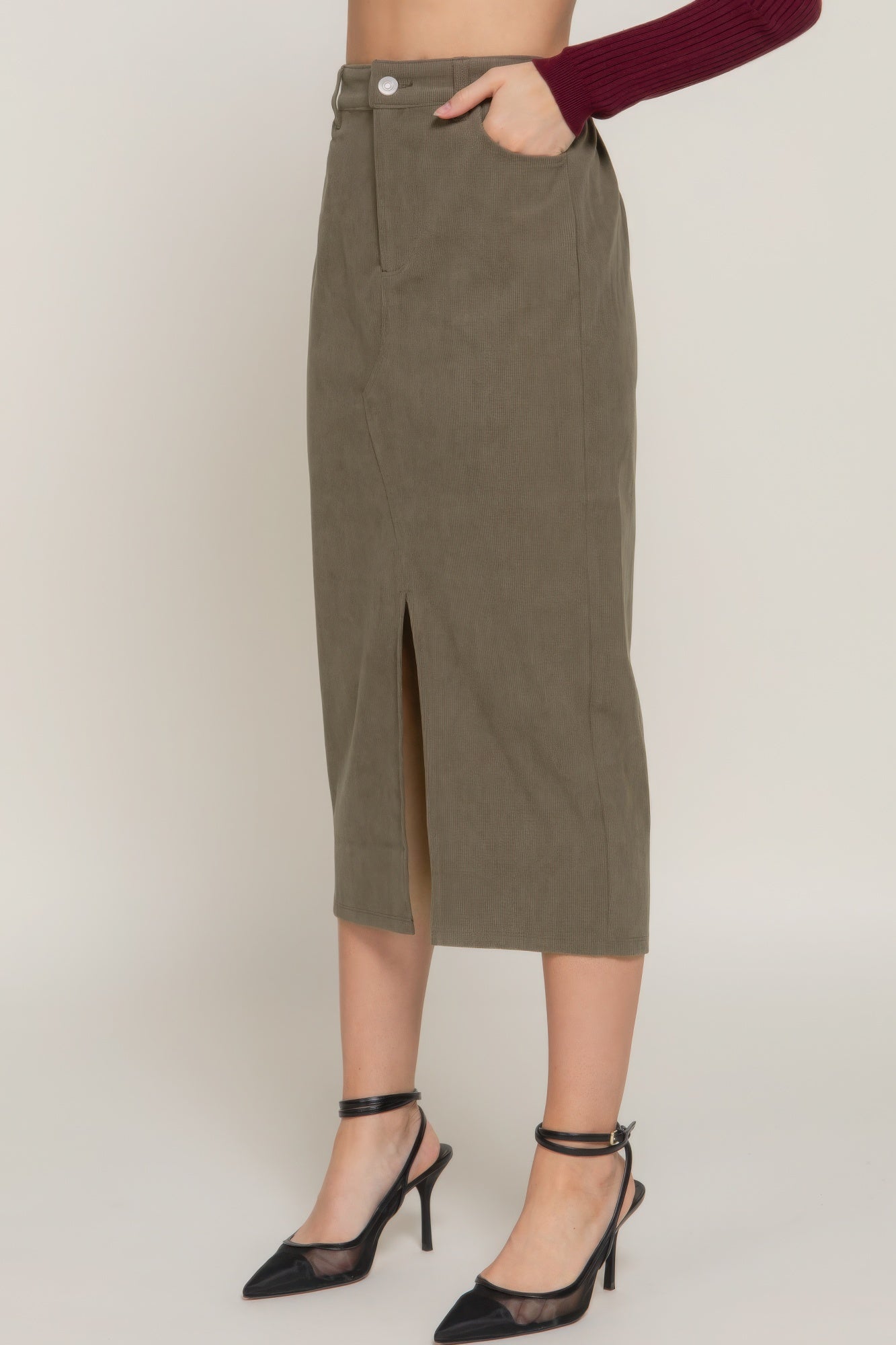 Front Open Slit Corduroy Midi Skirt product image